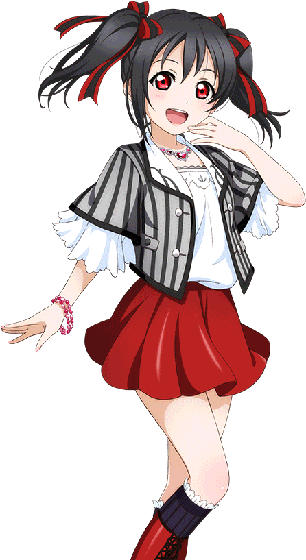 Nico Yazawa 桌布 壁紙 — 一個開心的動漫女孩，黑色和紅色的雙馬尾和紅色眼睛，穿著條紋外套和紅色裙子微笑擺姿勢。