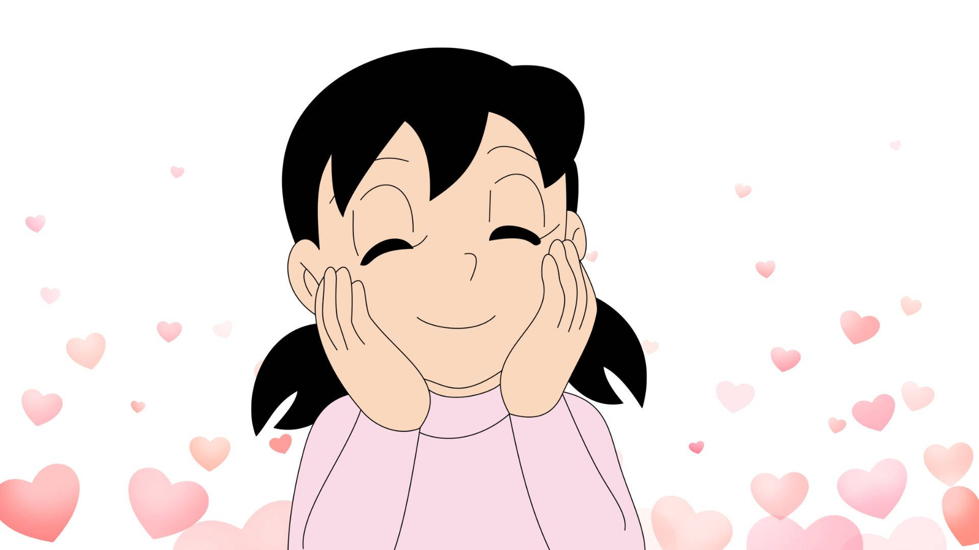 可愛女生 桌布 壁紙 — 一個開心的動漫女孩，黑色雙馬尾，雙手托腮微笑，粉紅色愛心在她周圍漂浮，背景為白色。