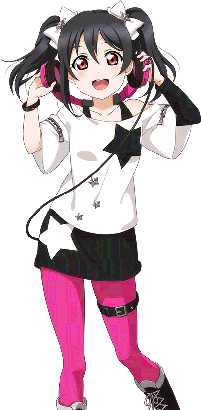 Nico Yazawa 桌布 壁紙 — 一個開心的動漫女孩，黑色雙馬尾和紅色眼睛，戴著粉紅色耳機，穿著星星主題服裝，背景為黑色。