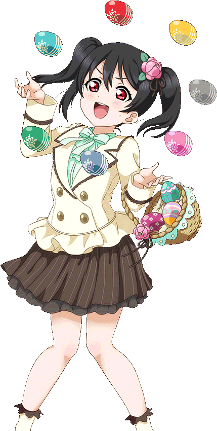 Nico Yazawa 桌布 壁紙 — 一個開心的動漫女孩，黑色雙馬尾和紅色眼睛，一邊拿著籃子，一邊歡快地玩著色彩繽紛的圖案復活節蛋。