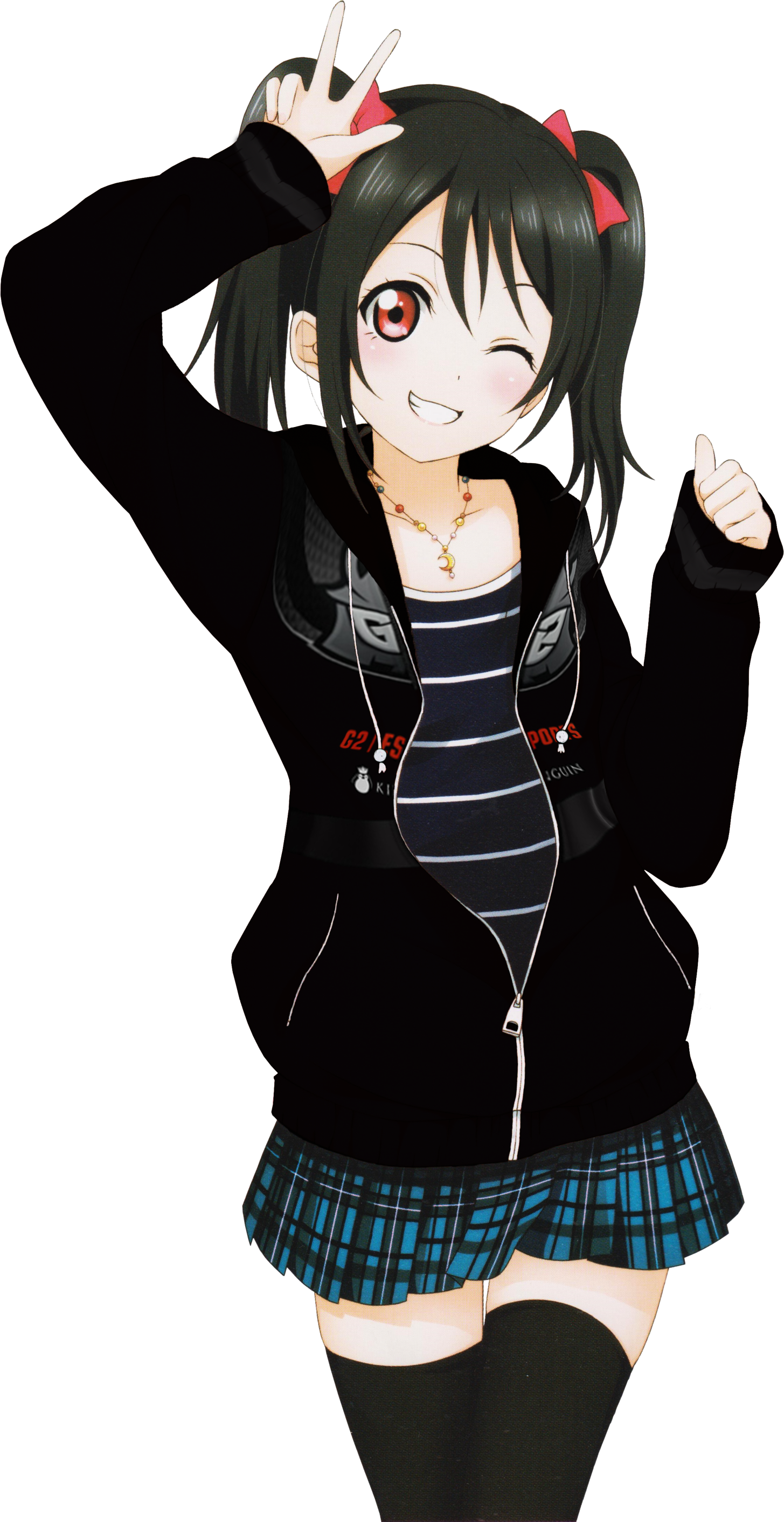 Nico Yazawa 桌布 壁紙 — 一個開心的動漫女孩，黑色雙馬尾和紅色眼睛，一邊眨眼一邊做出和平手勢和豎起大拇指。