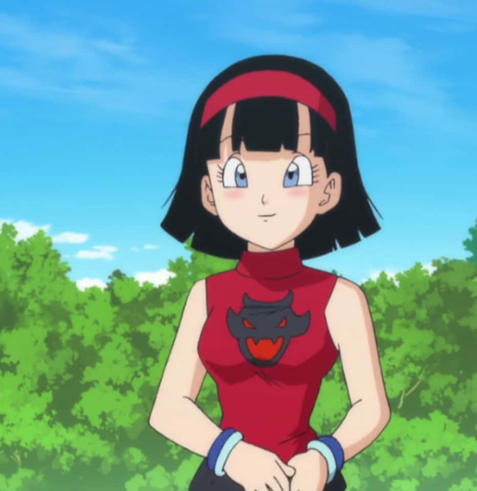 Videl 桌布 壁紙 — 一個開心的動漫女孩，黑色鮑伯頭和紅色髮帶，身穿帶有惡魔標誌的紅色上衣，站在戶外，背景是明亮的藍天和綠樹。