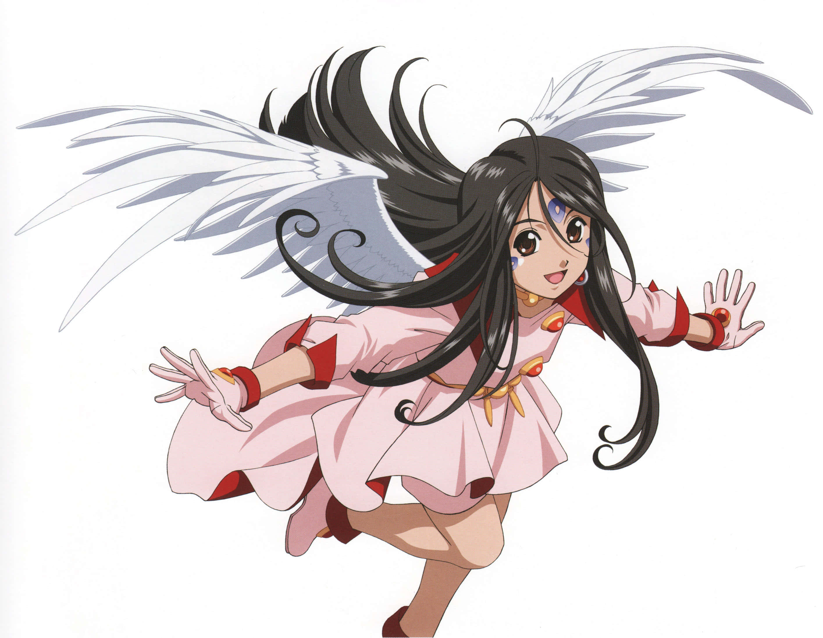 Ah My Goddess 桌布 壁紙 — 一個開心的動漫女孩，黑髮，白色天使翅膀，穿著粉紅色和紅色的衣服，在純白色背景上向前飛。