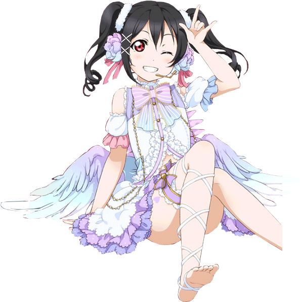 Nico Yazawa 桌布 壁紙 — 一個開心的動漫女孩，黑髮天使翅膀，穿著粉彩荷葉邊服裝，俏皮地擺姿勢。