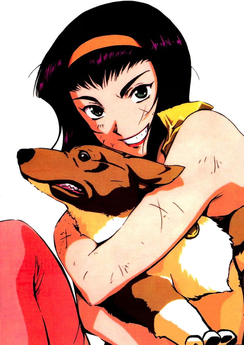 Faye Valentine 桌布 壁紙 — 一個開心的動漫女孩，黑髮戴橙色頭帶，在純白背景前緊緊擁抱一隻棕色和白色的狗。