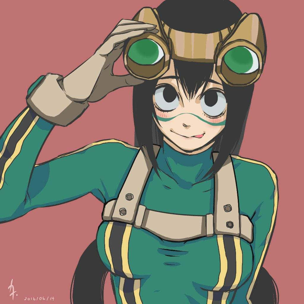 Froppy 桌布 壁紙 — 一個開心的動漫女孩，黑髮戴綠色護目鏡，在純粉紅色背景前調整護目鏡。