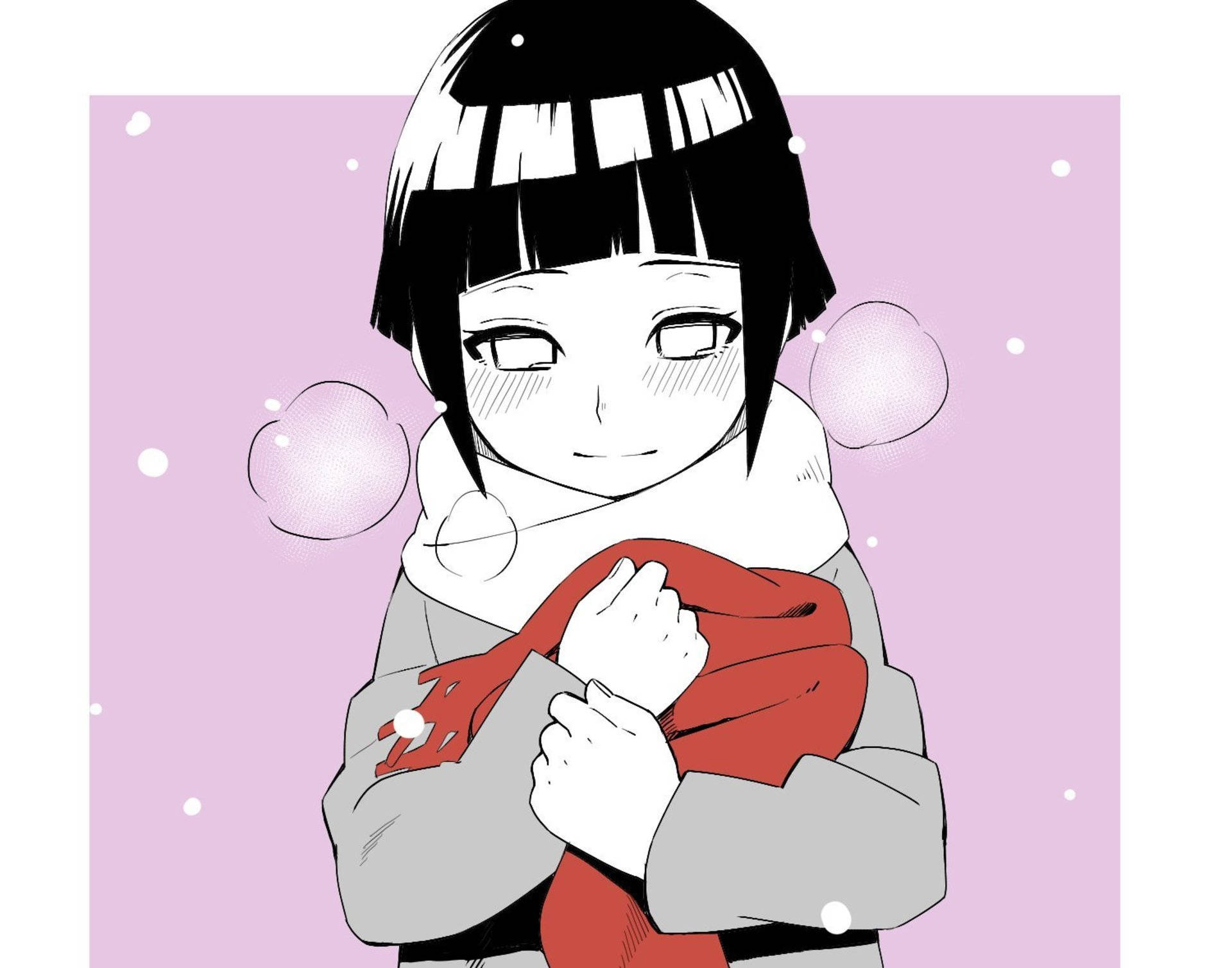 日向 桌布 壁紙 — 一個開心的動漫女孩，黑髮戴頭帶，在柔和的粉紅色雪景背景下擁抱紅色圍巾。