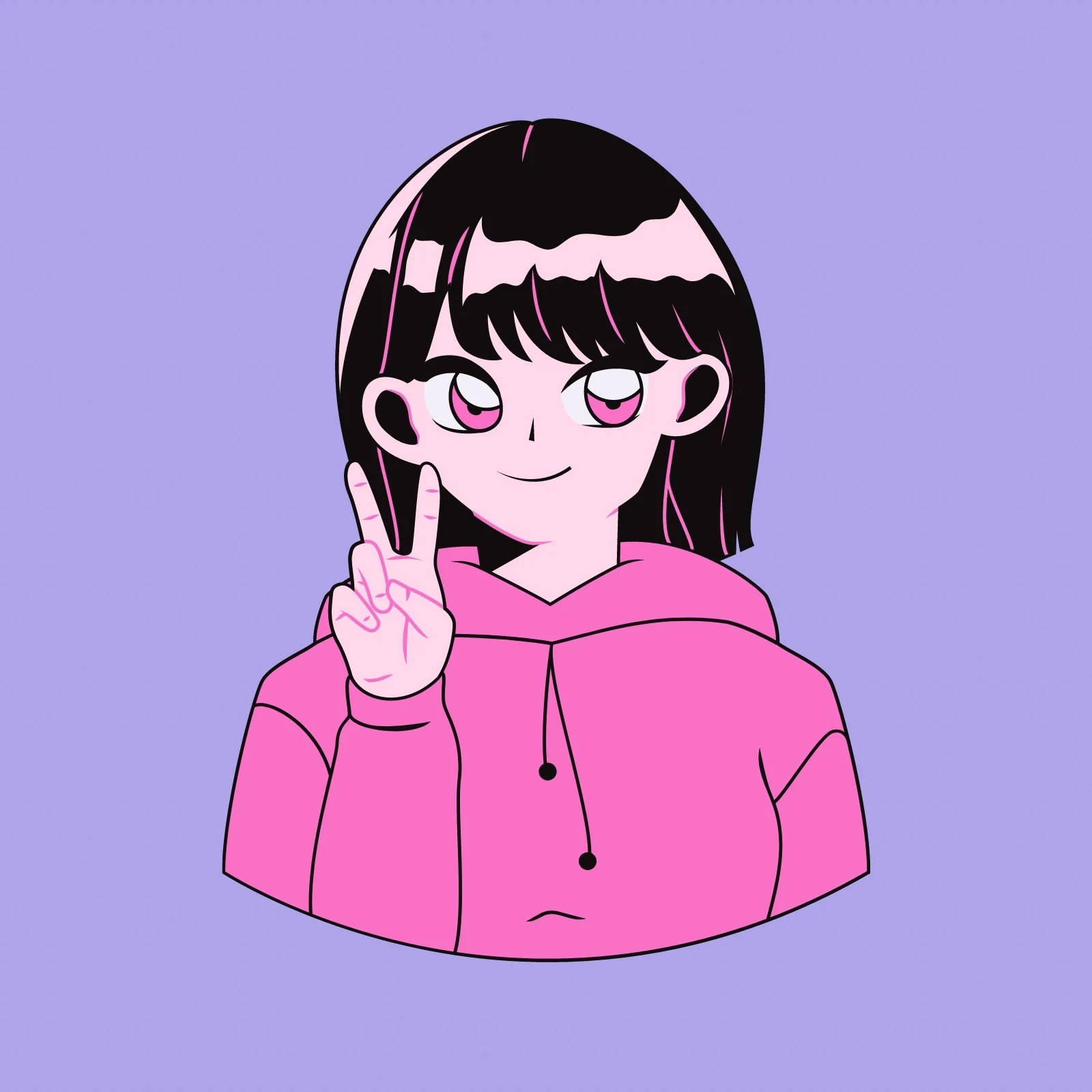 Gamer Logo 桌布 壁紙 — 一個開心的動漫女孩，黑髮粉紅眼睛，穿著粉紅色連帽衫，在薰衣草背景前比出和平手勢。