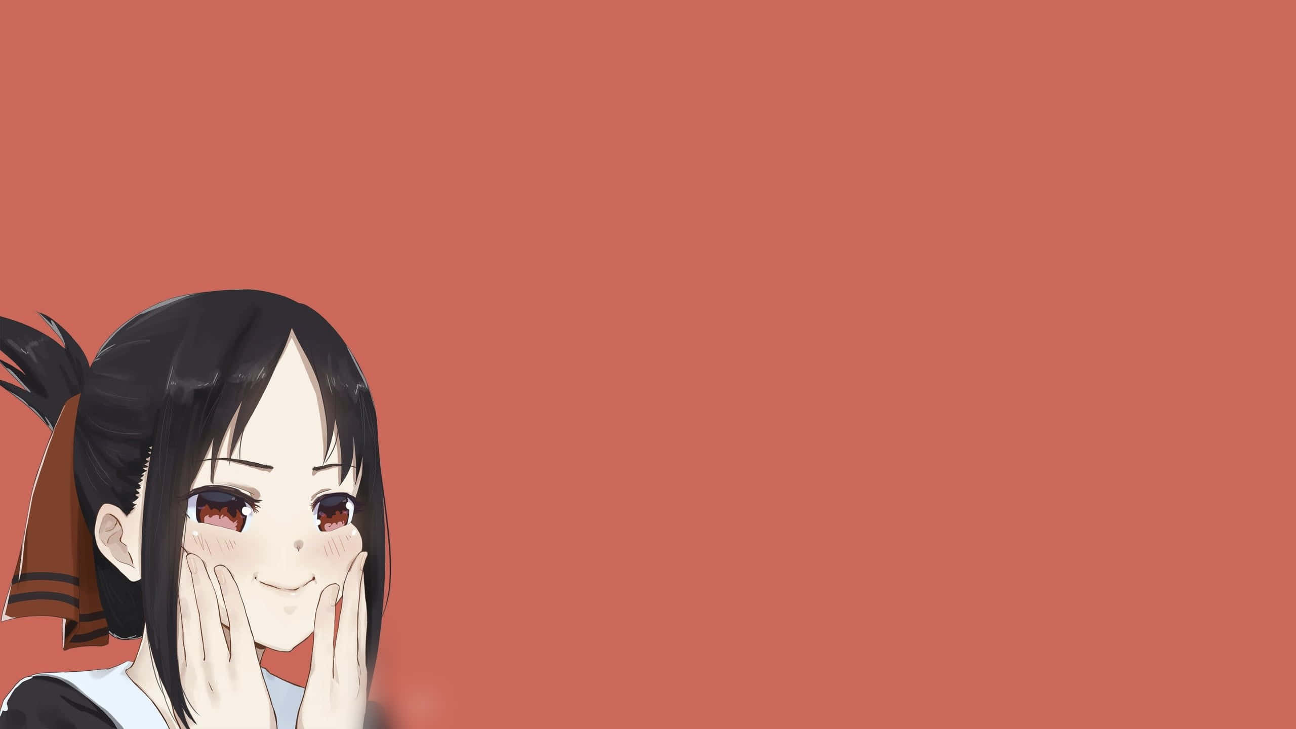 動漫角色 桌布 壁紙 — 一個開心的動漫女孩，黑髮紅眼，微笑著將臉頰貼在純色陶土背景上。