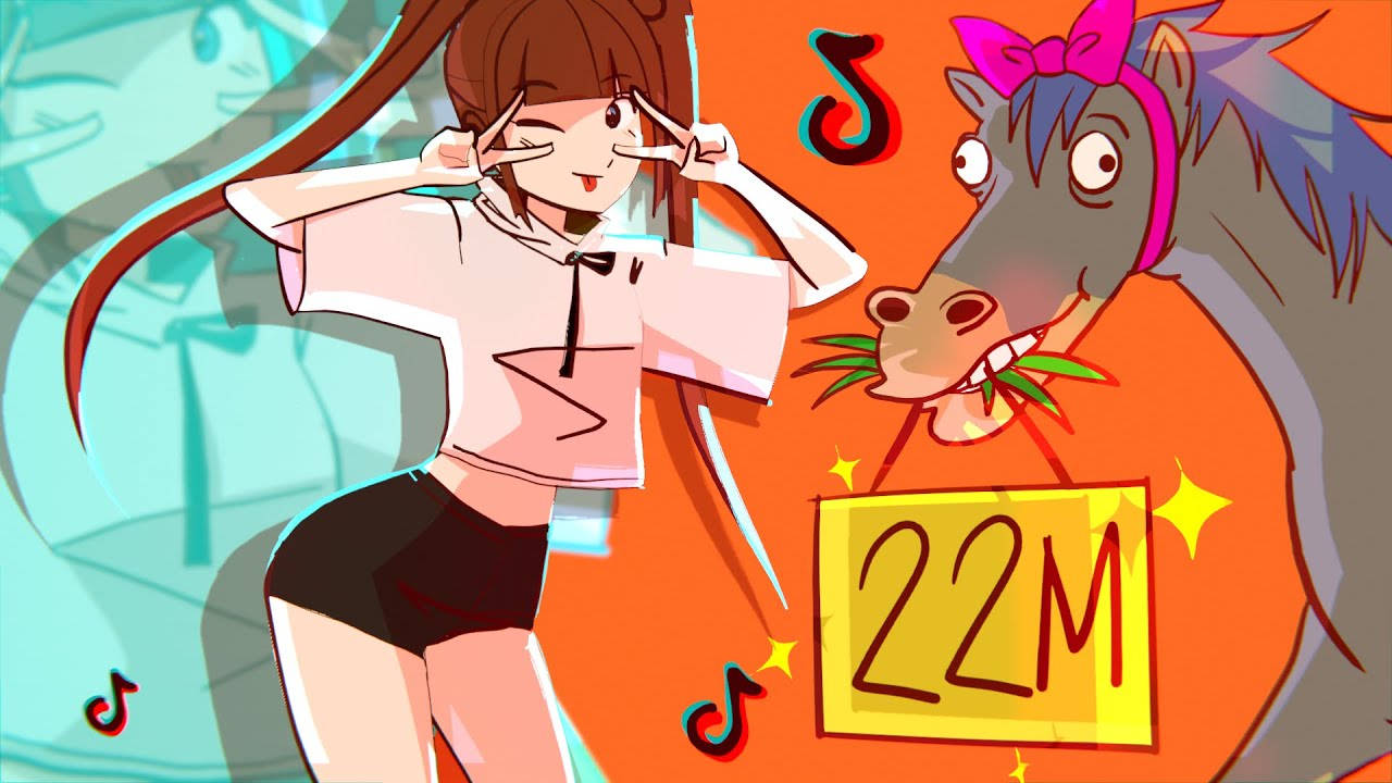 TikTok Logo 桌布 壁紙 — 一個開心的動漫女孩和一隻戴著粉紅色蝴蝶結的卡通馬，在充滿TikTok標誌和「22M」標牌的鮮豔橙色背景前頑皮地擺姿勢。