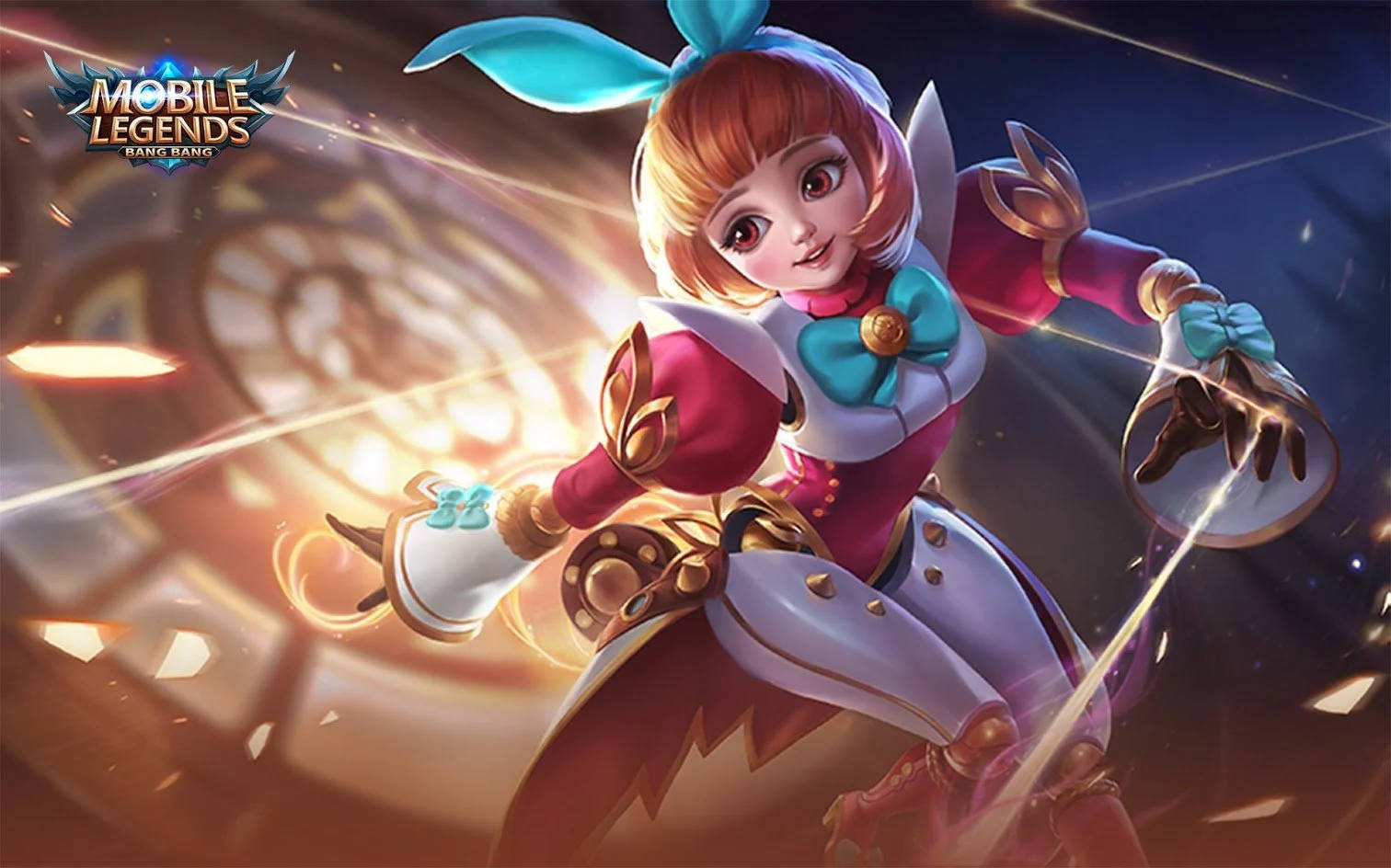 mobile legends logo 桌布 壁紙 — 一個開心的動漫女孩戴著兔耳，在動態奇幻戰鬥場景中揮舞發光的魔法。