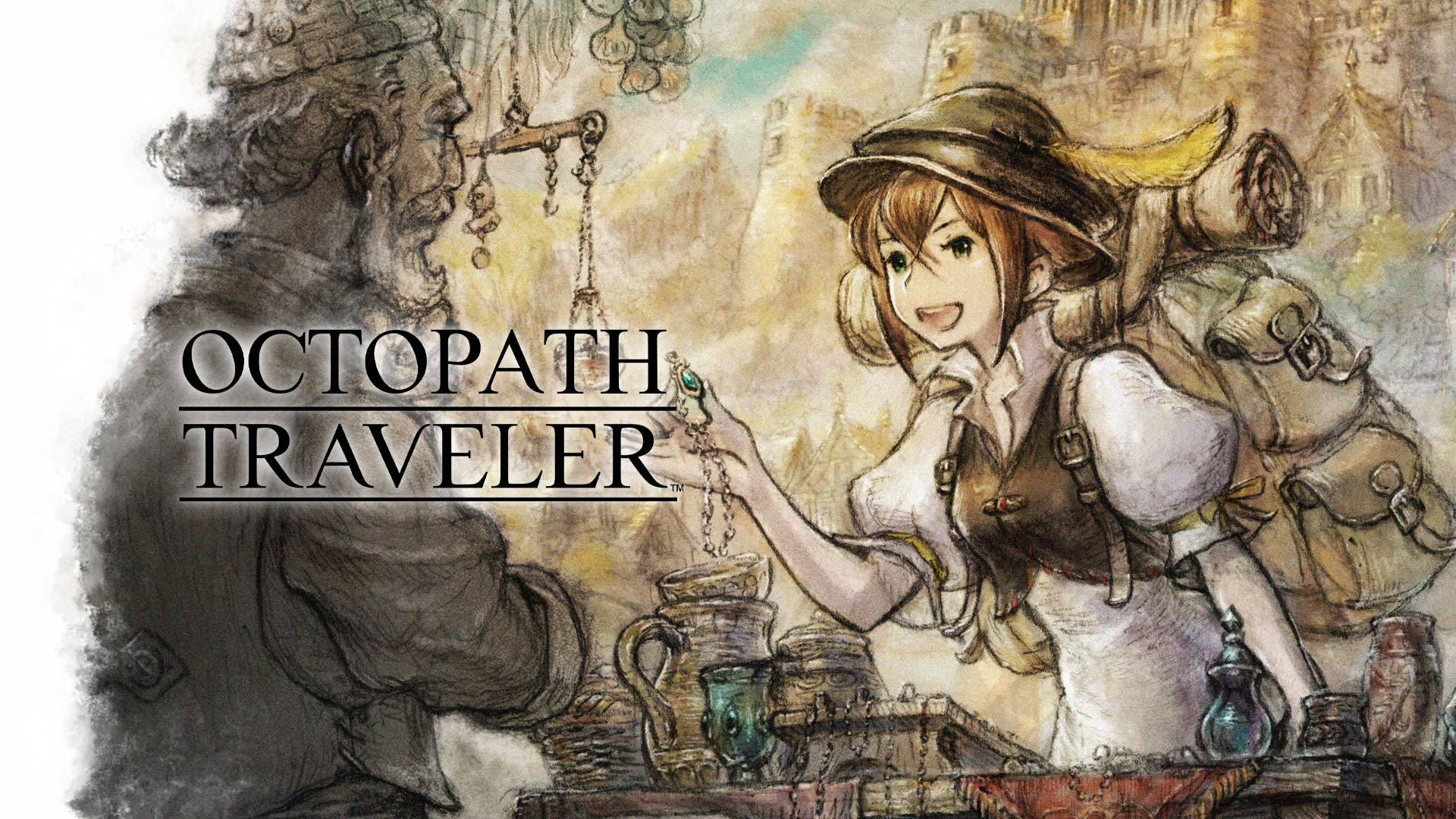 Traveler 桌布 壁紙 — 一個開心的動漫女孩揹著背包，在質樸的奇幻市集中從一位灰白鬍子的商人那裡購買藥水。