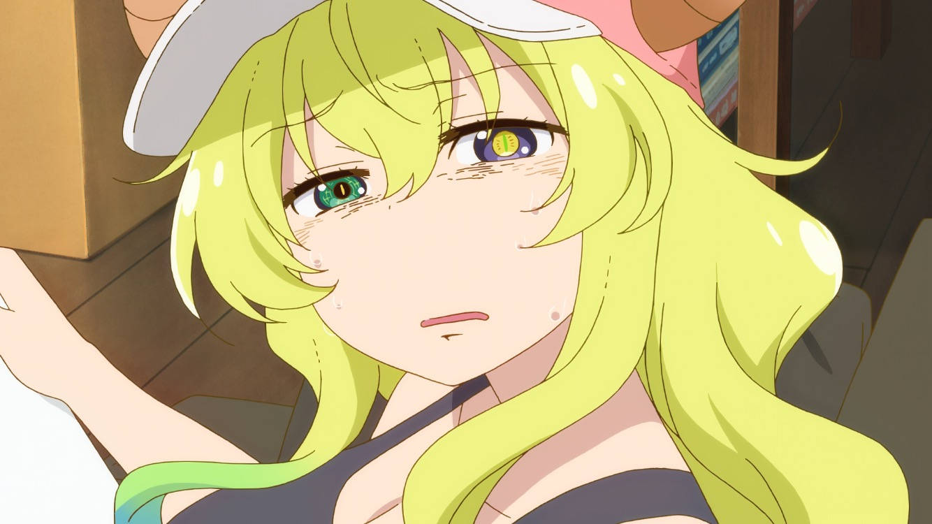 Lucoa 桌布 壁紙 — 一個開心的動漫女孩特寫，她有長長的萊姆綠色頭髮和異色瞳，戴著白色帽子。