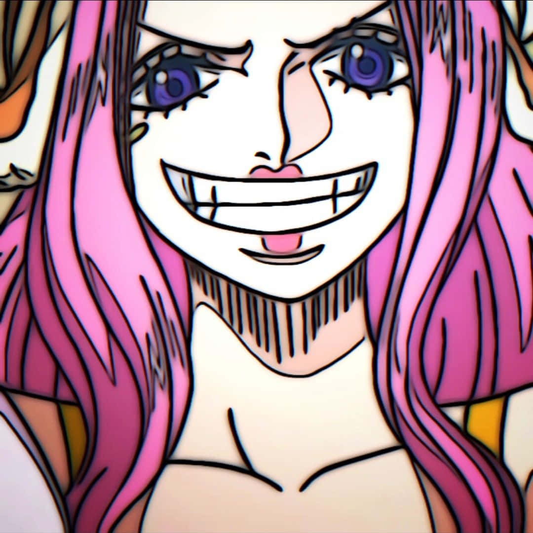 Jewelry Bonney 桌布 壁紙 — 一個開心的動漫女孩特寫，長長的粉紅色頭髮和紫色眼睛，咧嘴大笑。