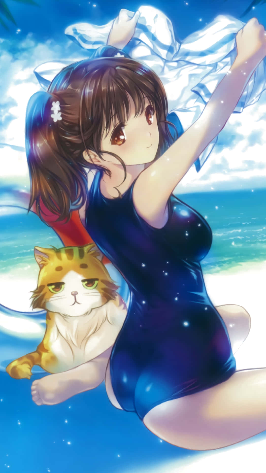 High School Fleet 桌布 壁紙 — 一個開心的動漫女孩穿著星星泳衣，在明亮的藍天下開心地提起裙子，旁邊有一隻貓。
