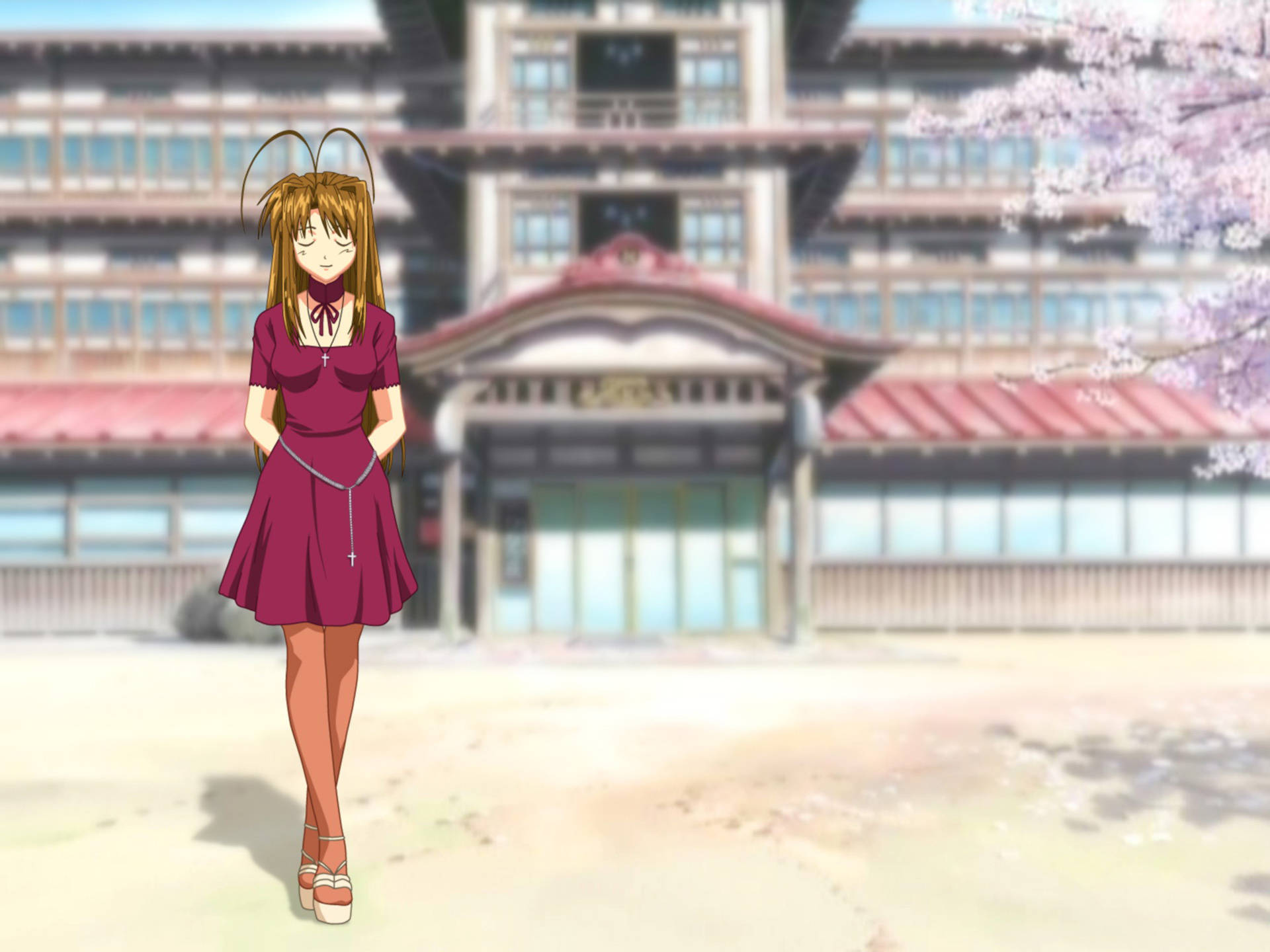 Hina 桌布 壁紙 — 一個開心的動漫女孩穿著栗色連衣裙，站在盛開的櫻花下的傳統日本建築前。