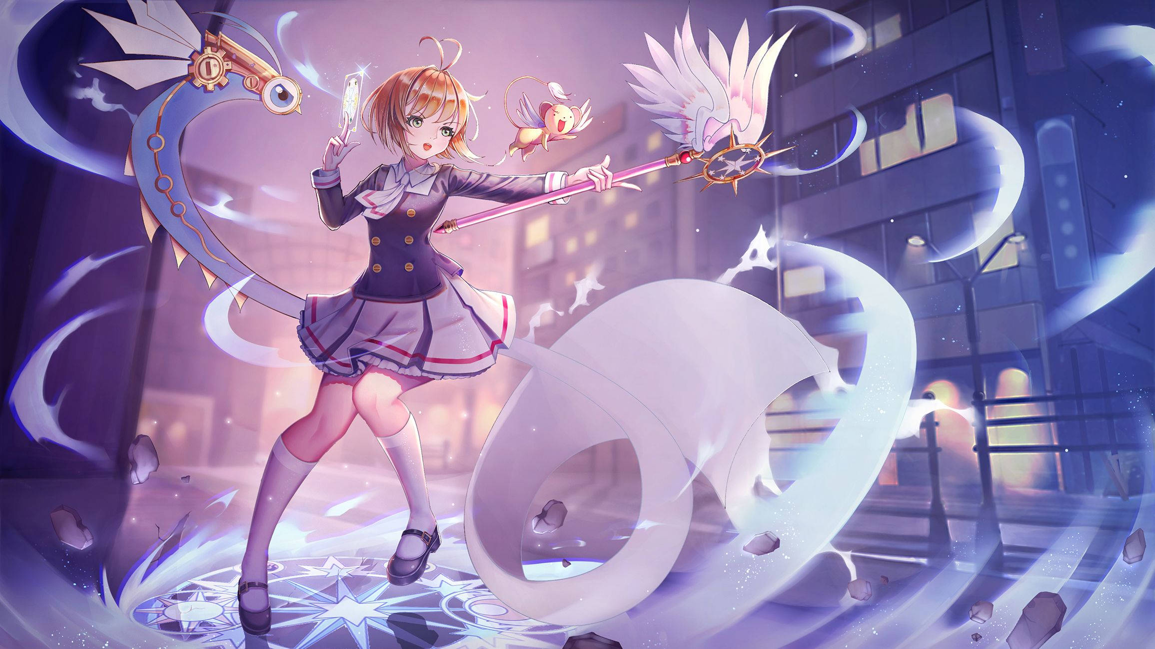 Cardcaptor 桌布 壁紙 — 一個開心的動漫女孩穿著校服，在未來城市景觀中揮舞著發光的法杖，周圍環繞著魔法能量和漂浮的碎片。