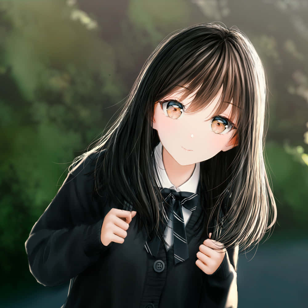 動漫頭像 桌布 壁紙 — 一個開心的動漫女孩穿著校服，在模糊的綠色背景下，陽光突顯她的長黑髮，她溫柔地微笑。