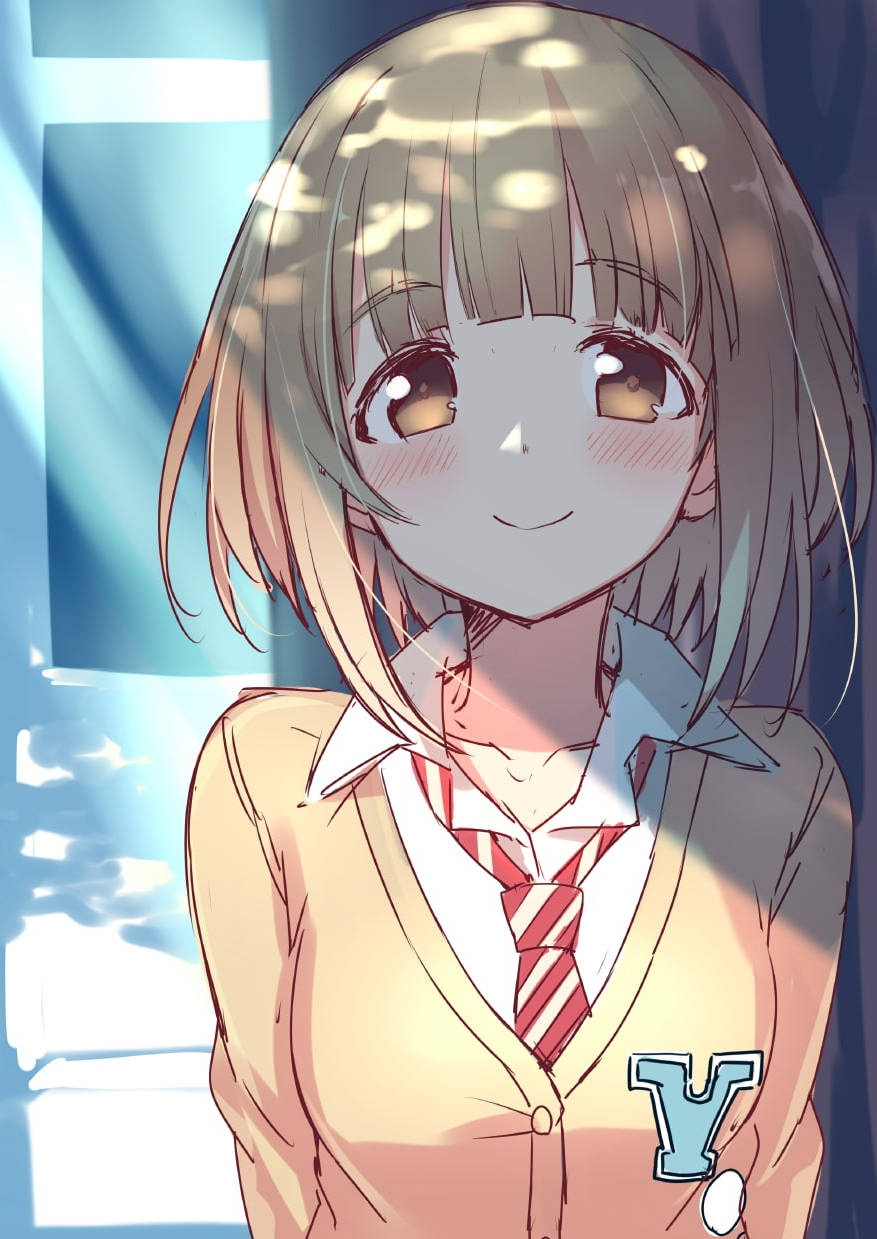 Uraraka 桌布 壁紙 — 一個開心的動漫女孩穿著校服，在陽光穿過她身後的樹葉時溫暖地微笑。