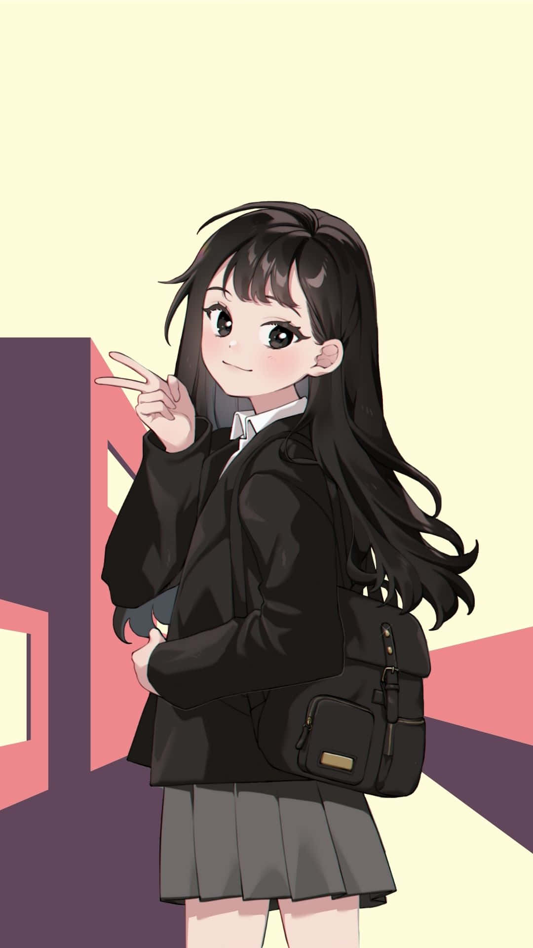 女孩 桌布 壁紙 — 一個開心的動漫女孩穿著校服，微笑著做出和平手勢，背著背包。