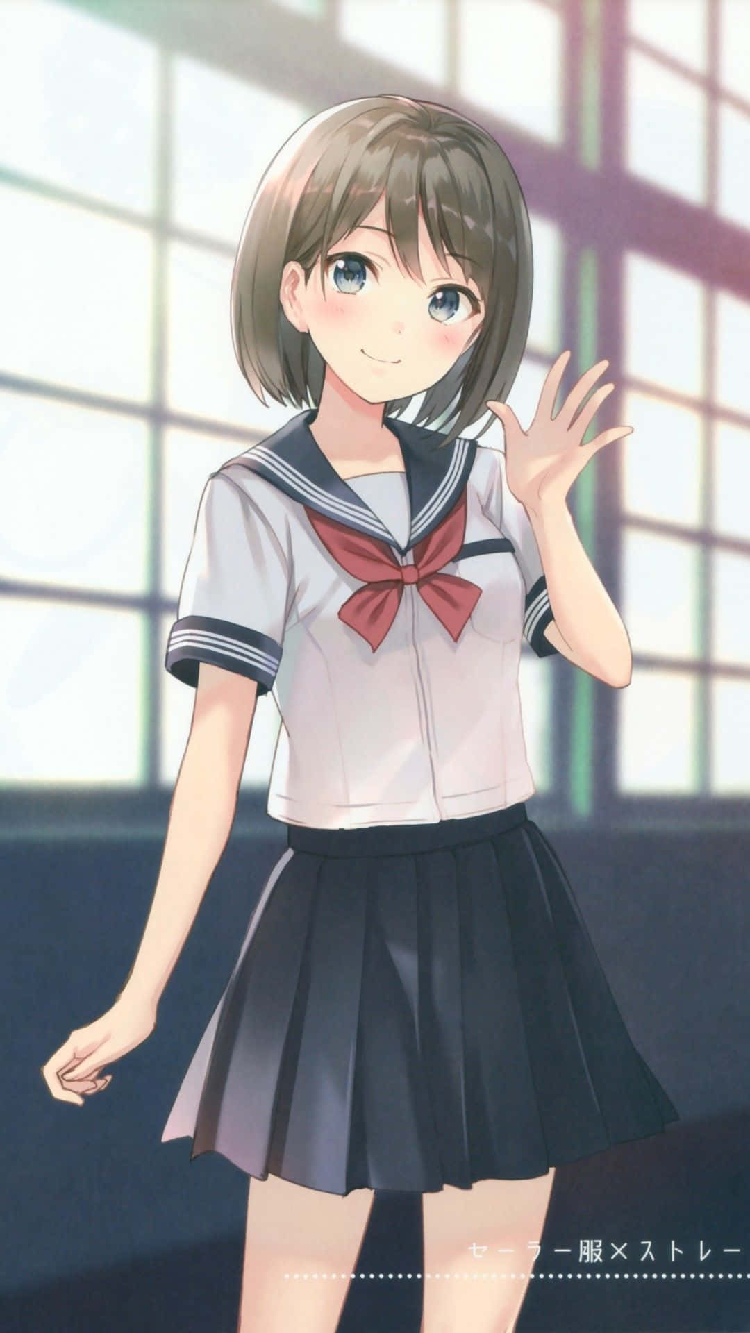 動漫 桌布 壁紙 — 一個開心的動漫女孩穿著水手服，在陽光照射的窗邊柔和粉彩燈光下熱情地揮手。