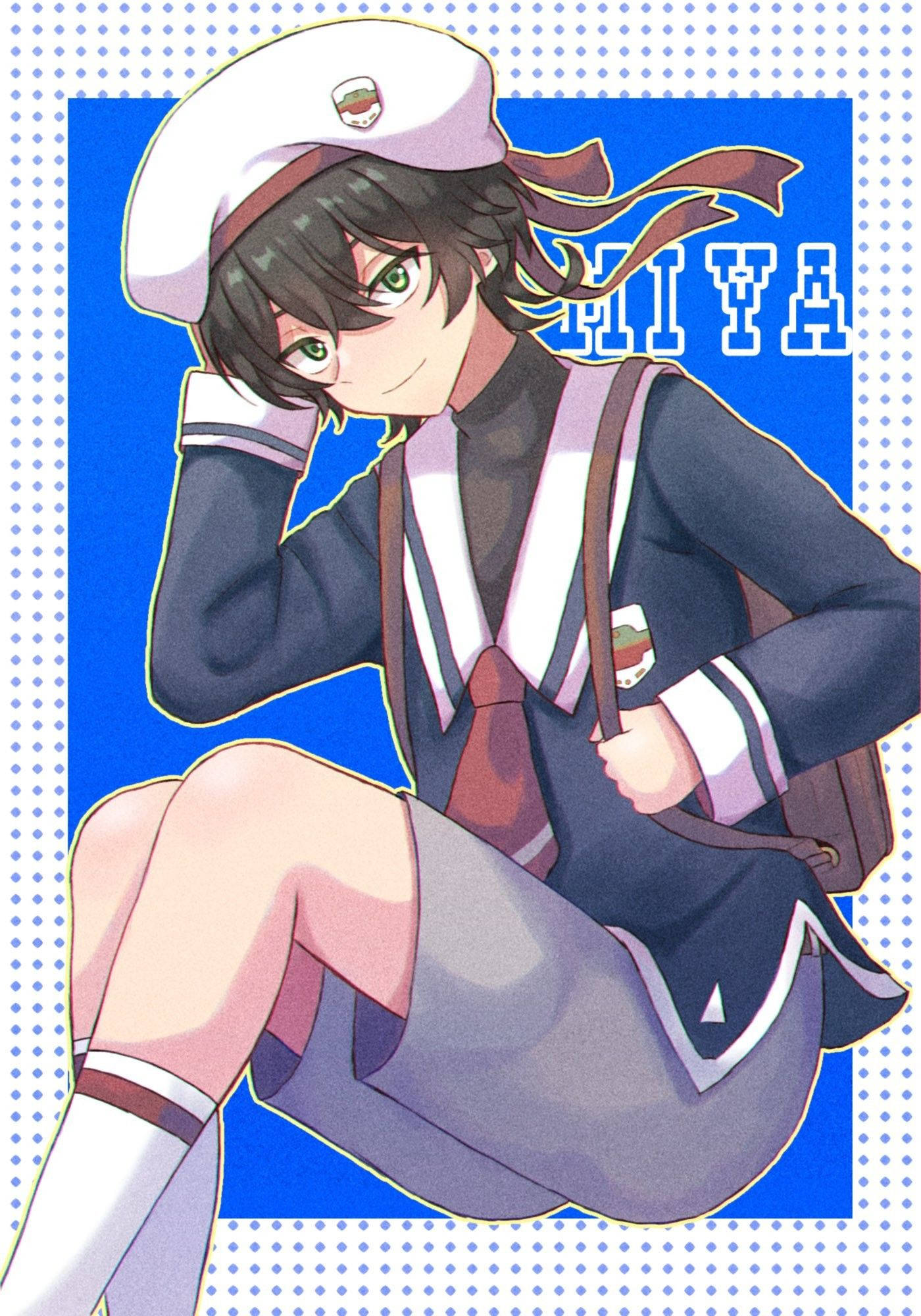 Miya 桌布 壁紙 — 一個開心的動漫女孩穿著水手服，坐在帶有虛線邊框的鮮藍色背景前微笑。