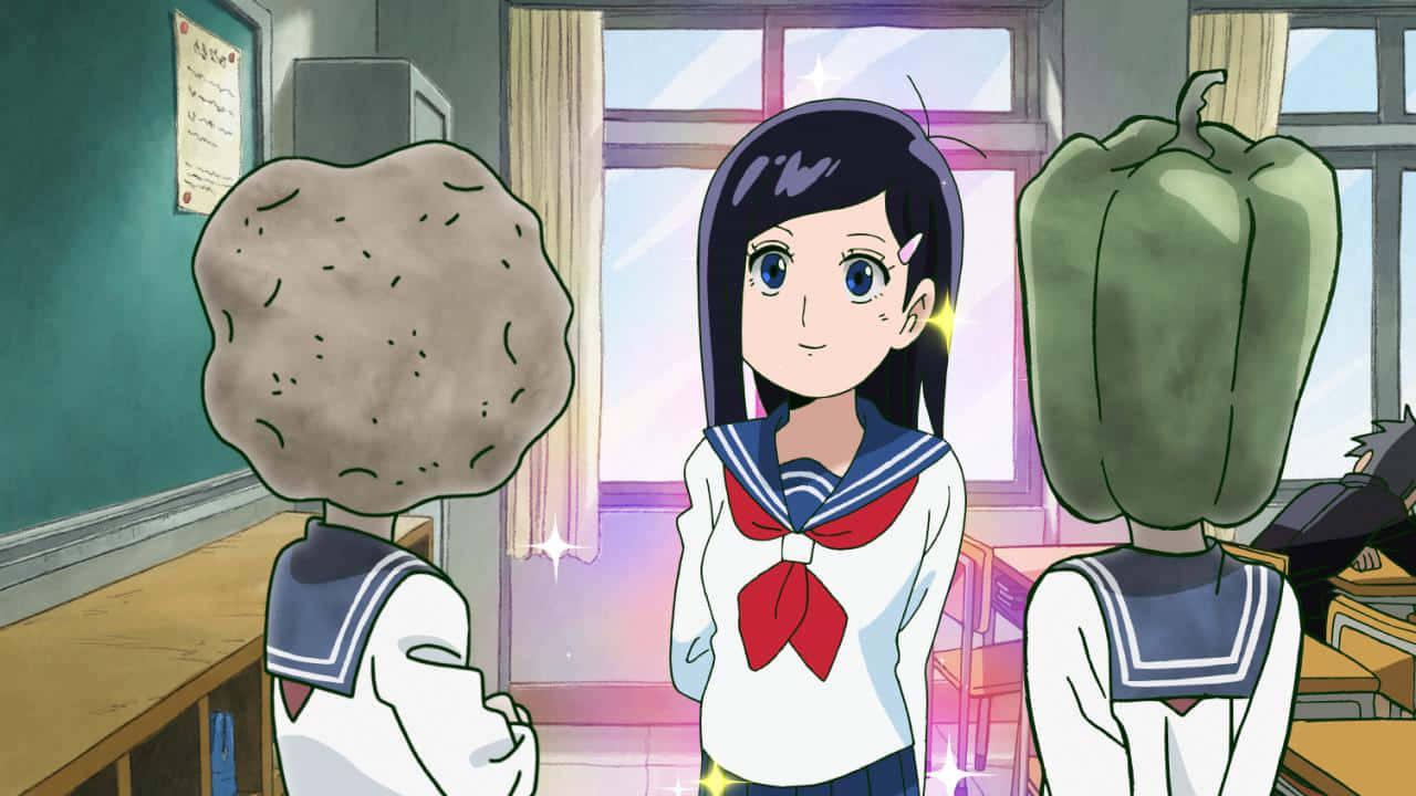 Tsubomi Takane 桌布 壁紙 — 一個開心的動漫女孩穿著水手服，站在兩個頭像岩石和胡椒的同學之間，在陽光明媚的教室裡。
