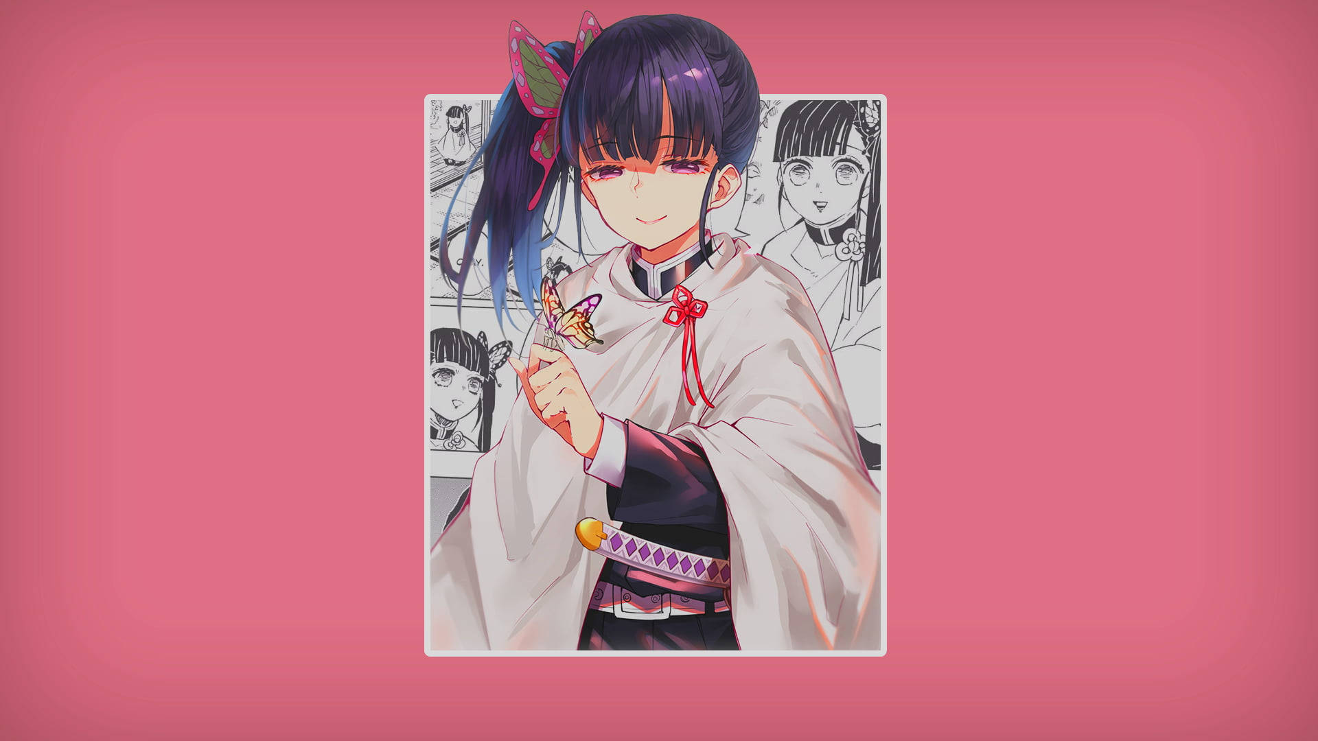 動漫女孩 桌布 壁紙 — 一個開心的動漫女孩穿著白色和服，在粉紅色背景上拿著蝴蝶，身後有漫畫面板。