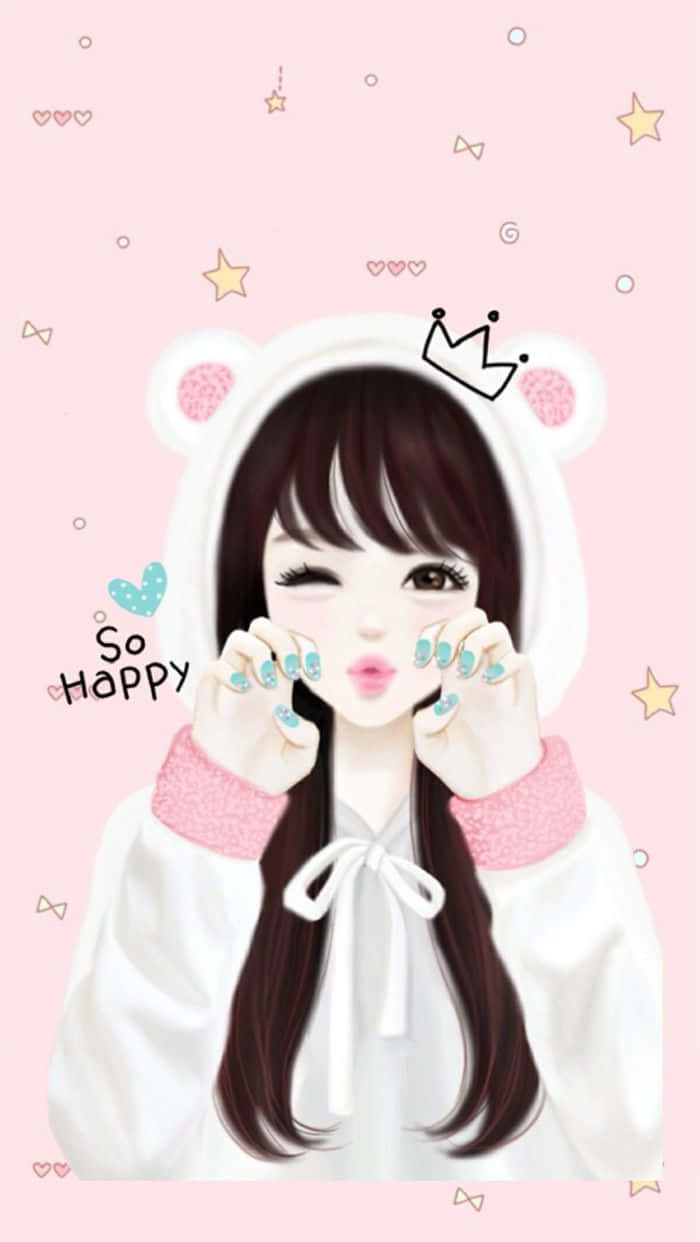 Cute Girly Girl 桌布 壁紙 — 一個開心的動漫女孩穿著白色小熊連帽衫，在粉紅色背景上眨著眼睛微笑，背景有星星和心形。