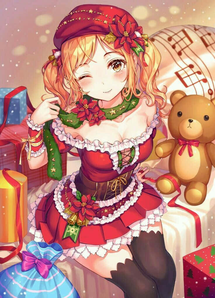 動漫聖誕 桌布 壁紙 — 一個開心的動漫女孩穿著節日紅色聖誕服裝，在禮物和泰迪熊的包圍下微笑。