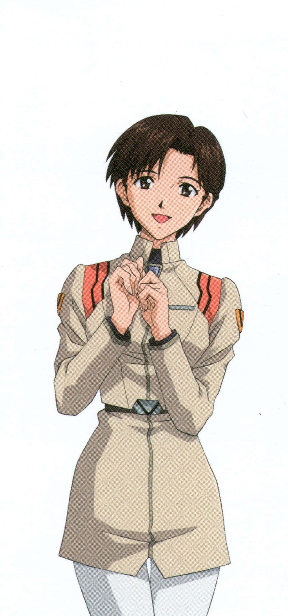 Maya Ibuki 桌布 壁紙 — 一個開心的動漫女孩穿著米色軍裝風格制服，帶有紅色條紋，微笑著雙手合十。