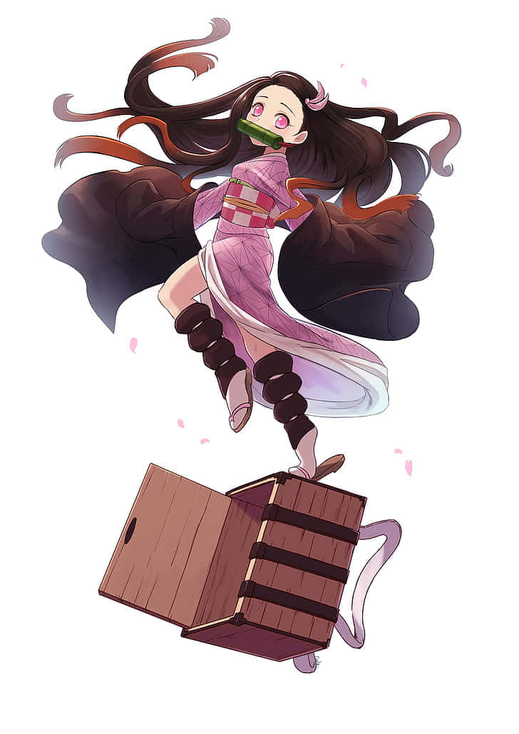 桌布 壁紙 — 一個開心的動漫女孩穿著粉紅色和服，快樂地跳躍，手中拿著一條小黃瓜，周圍漂浮著粉紅色的花瓣。