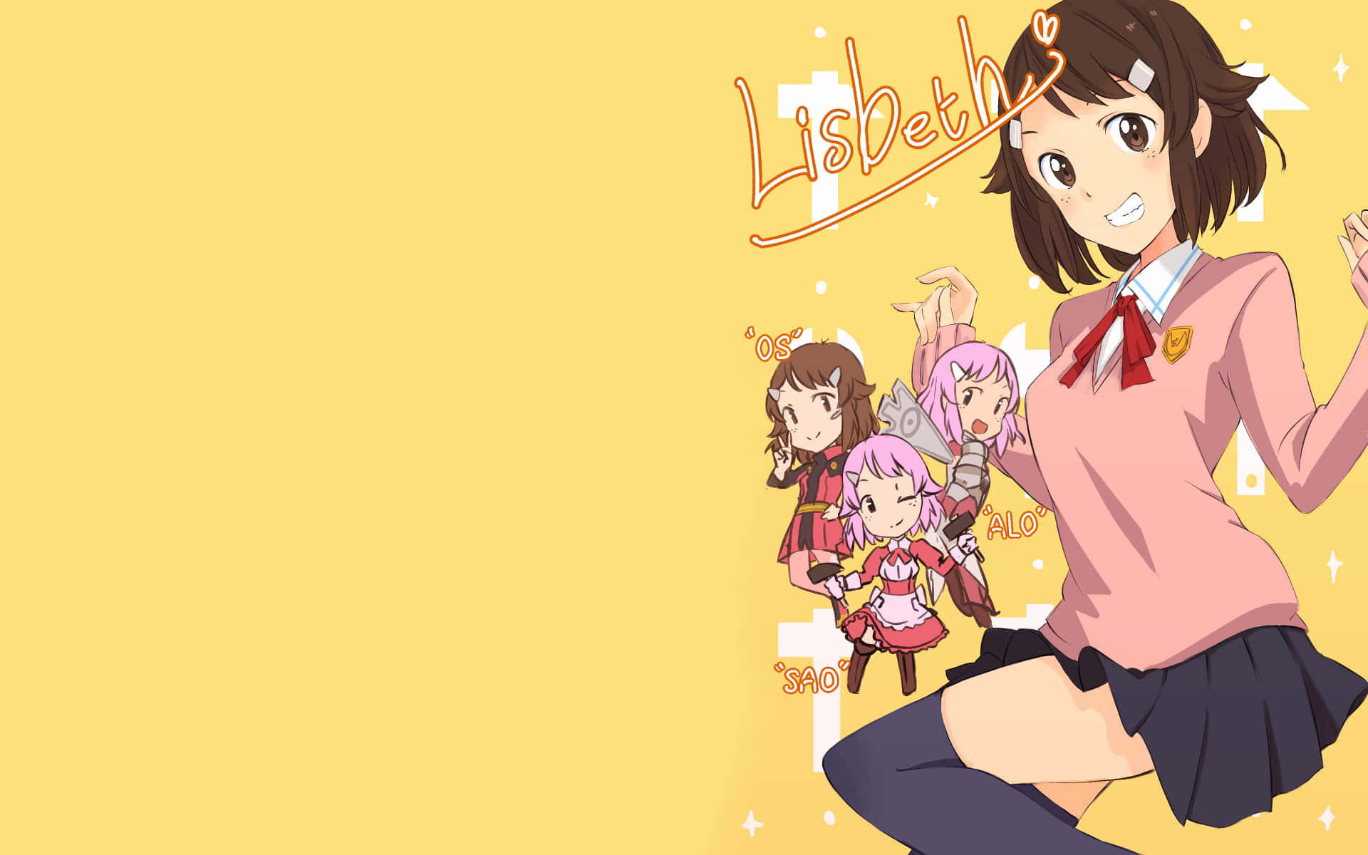 Sword Art Online Lisbeth 桌布 壁紙 — 一個開心的動漫女孩穿著粉紅色校服微笑，三個較小的動漫角色站在她身後，背景是明亮的黃色。