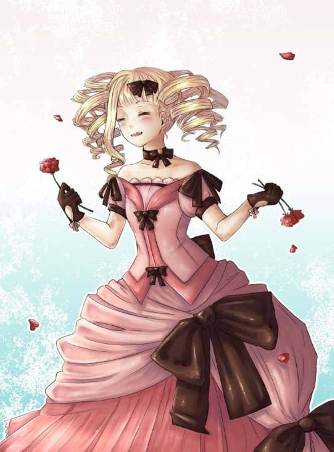 Elizabeth Midford 桌布 壁紙 — 一個開心的動漫女孩穿著粉紅色連衣裙，帶有黑色蝴蝶結，手持紅玫瑰，花瓣在她周圍飄浮。