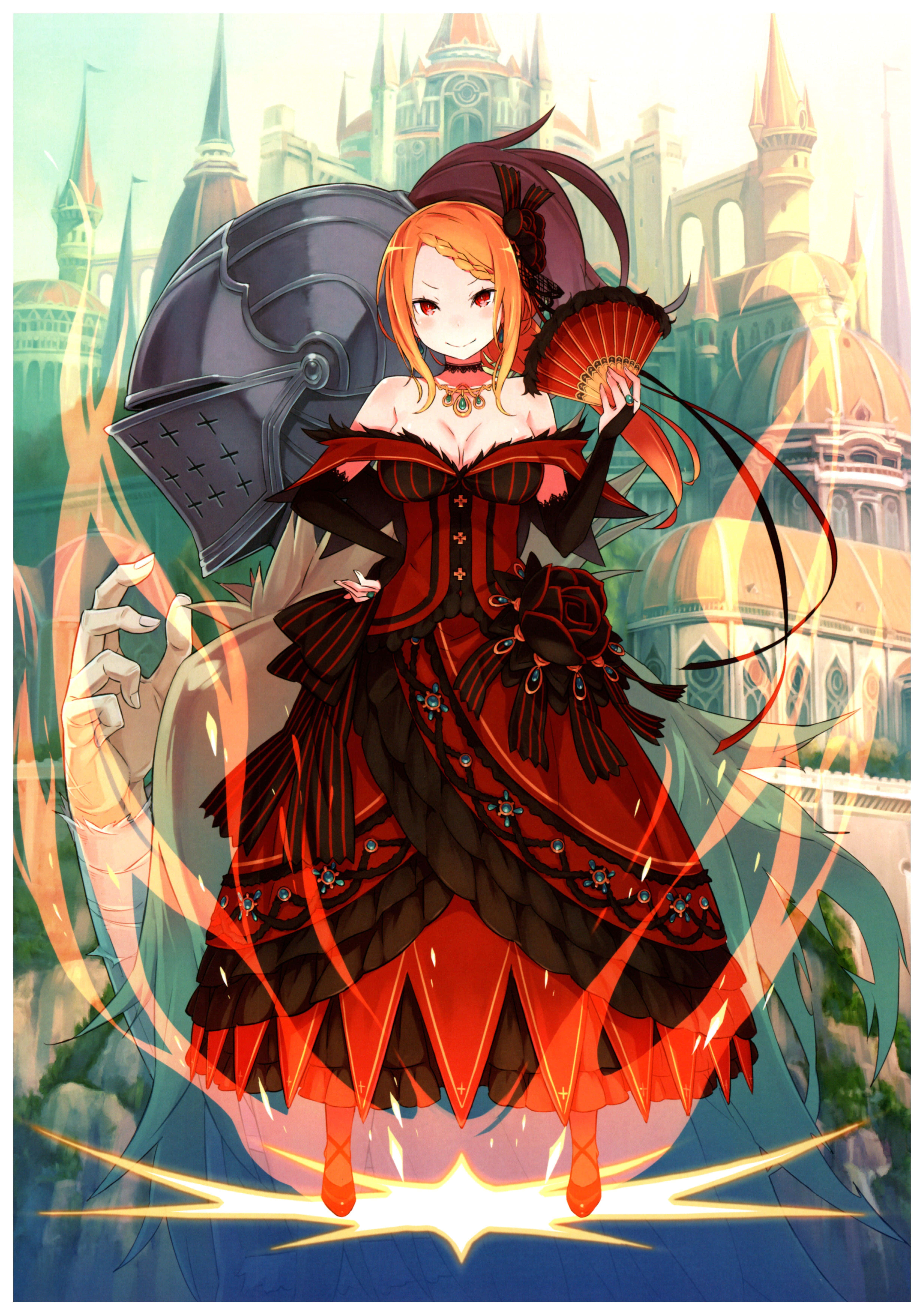 Priscilla Barielle 桌布 壁紙 — 一個開心的動漫女孩穿著紅色哥德式連衣裙，在一個帶有發光魔法效果的奇幻城堡前揮舞著扇子和盾牌。