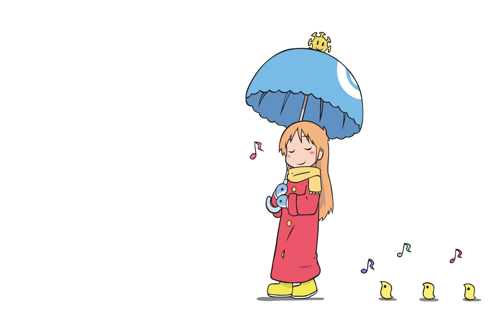 桌布 壁紙 — 一個開心的動漫女孩穿著紅色外套，拿著一把藍色雨傘，傘頂有一個微笑的太陽，音符在她周圍飄浮。