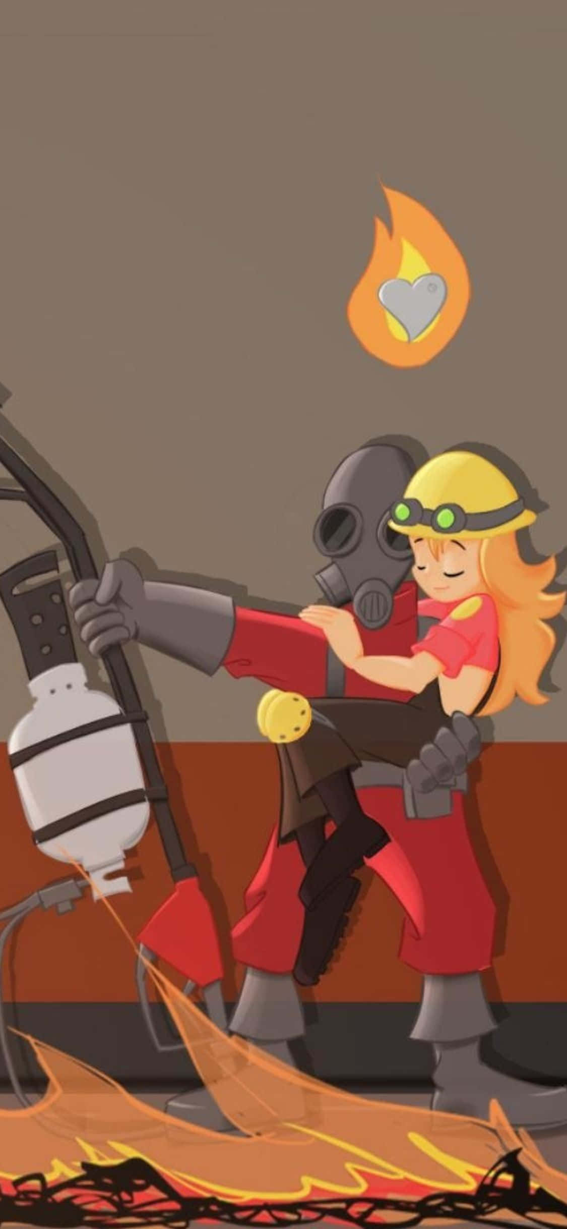 Tf2 桌布 壁紙 — 一個開心的動漫女孩穿著紅色消防員裝備擁抱機器人，下方火焰燃燒，上方漂浮著心形火焰。
