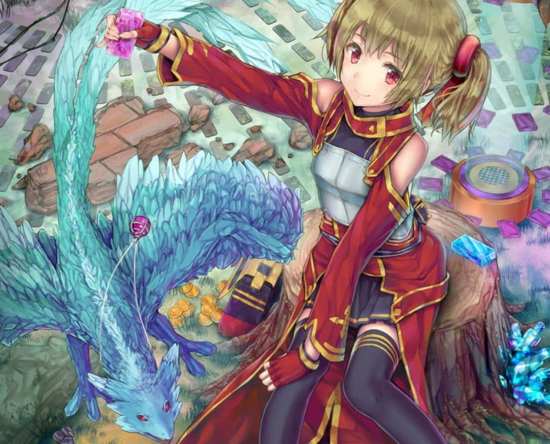 Sword Art Online Silica 桌布 壁紙 — 一個開心的動漫女孩穿著紅色盔甲，坐在一隻藍色水晶狐狸旁邊，狐狸在幻想廢墟中拿著一個發光的粉紅色球體。
