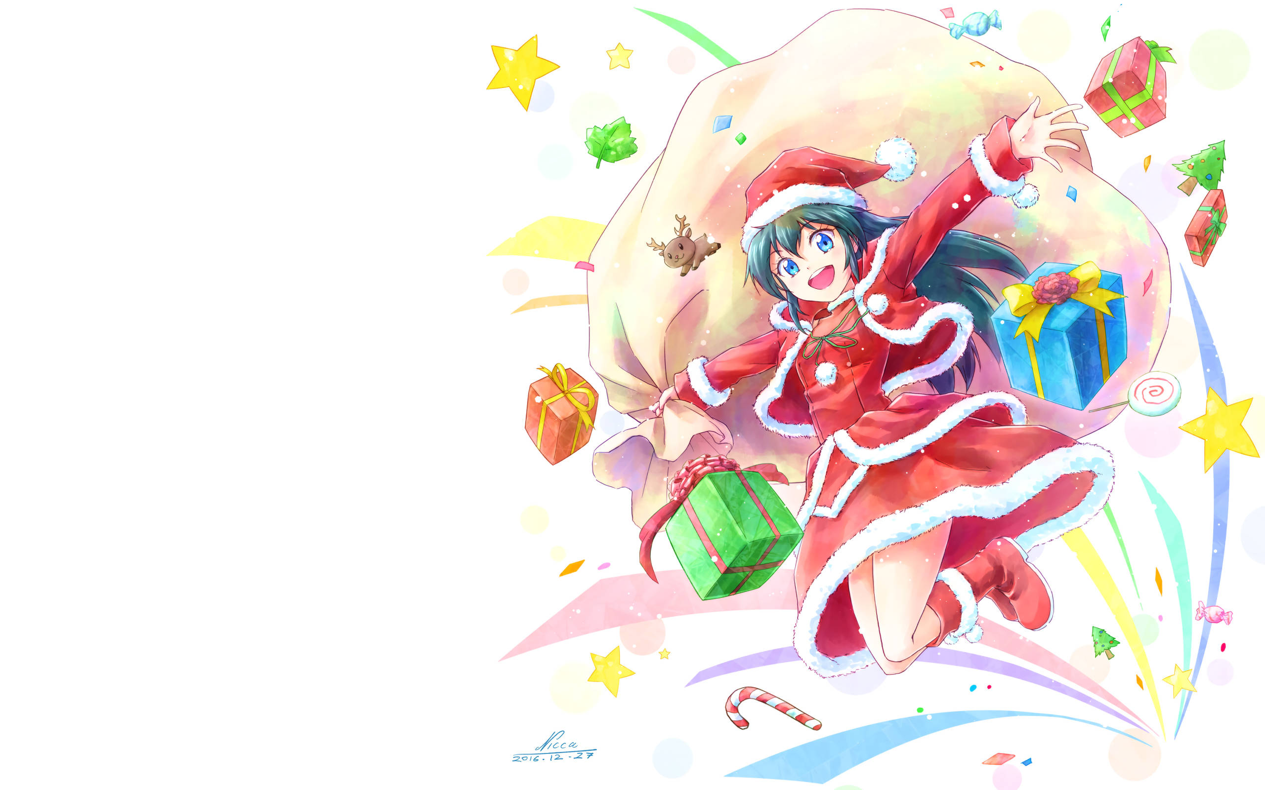 藝術 桌布 壁紙 — 一個開心的動漫女孩穿著紅色聖誕老人服裝，快樂地跳躍，帶著一個巨大的袋子，裡面裝滿了五顏六色的禮物和拐杖糖在她周圍旋轉。