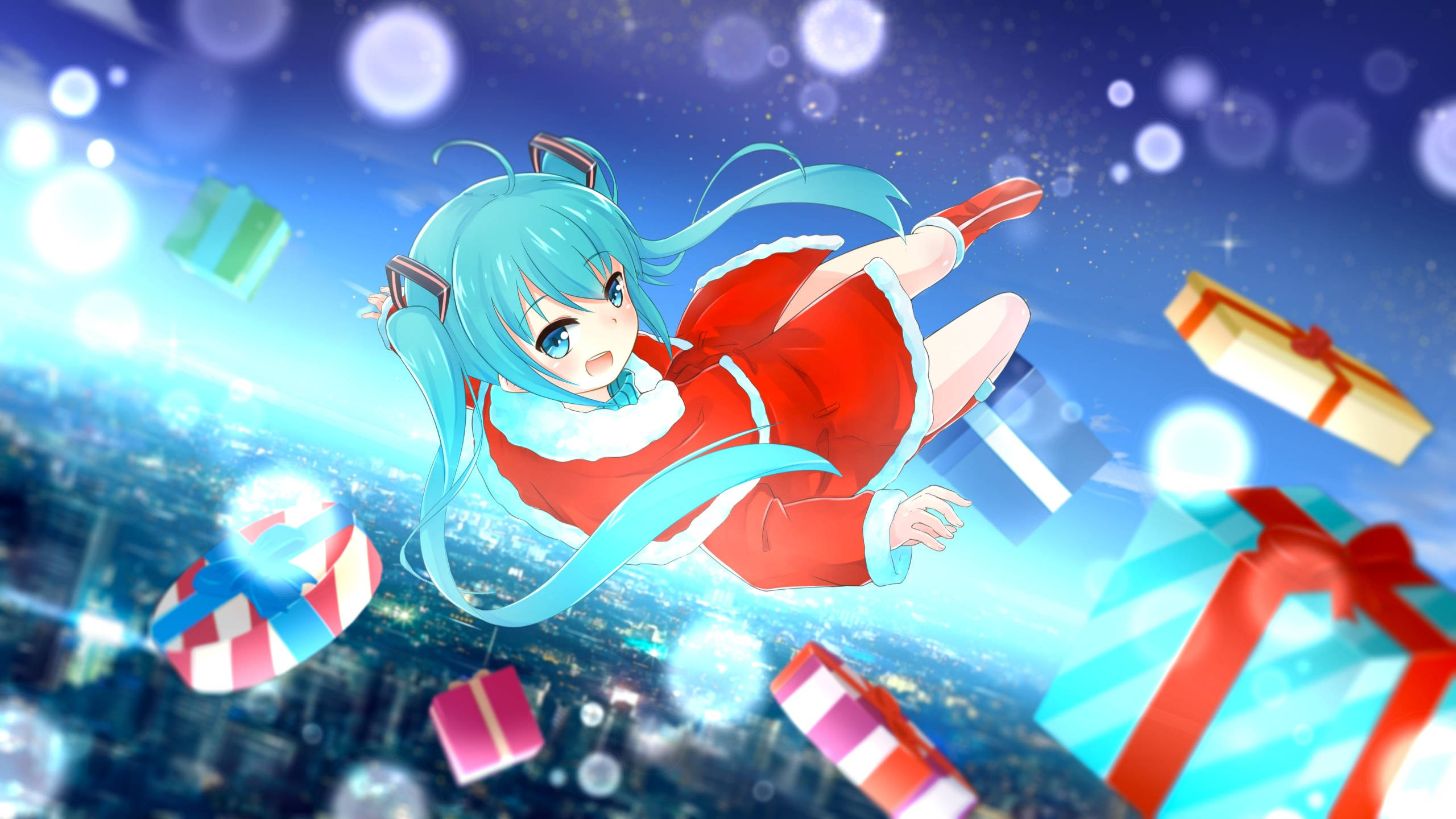 動漫聖誕 桌布 壁紙 — 一個開心的動漫女孩穿著紅色聖誕老人服裝，漂浮在發光的城市景觀之上，周圍環繞著色彩繽紛的漂浮禮物。