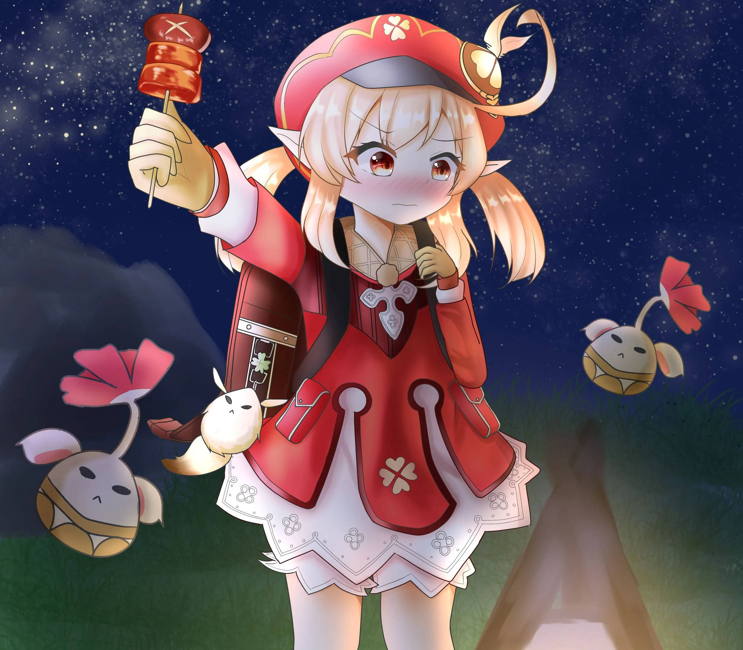 klee 桌布 壁紙 — 一個開心的動漫女孩穿著紅色衣服，在繁星點點的夜空下拿著串燒零食，附近有可愛的生物漂浮著。