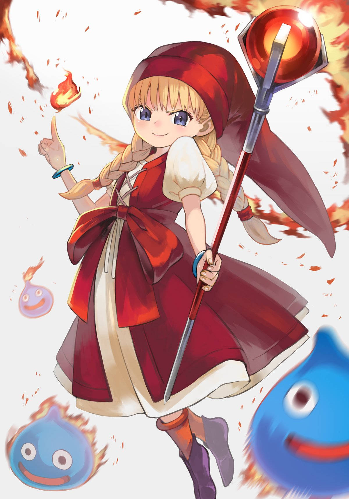 dragon quest 桌布 壁紙 — 一個開心的動漫女孩穿著紅色連帽裙，揮舞著火焰法杖，周圍環繞著微笑的藍色火精靈。