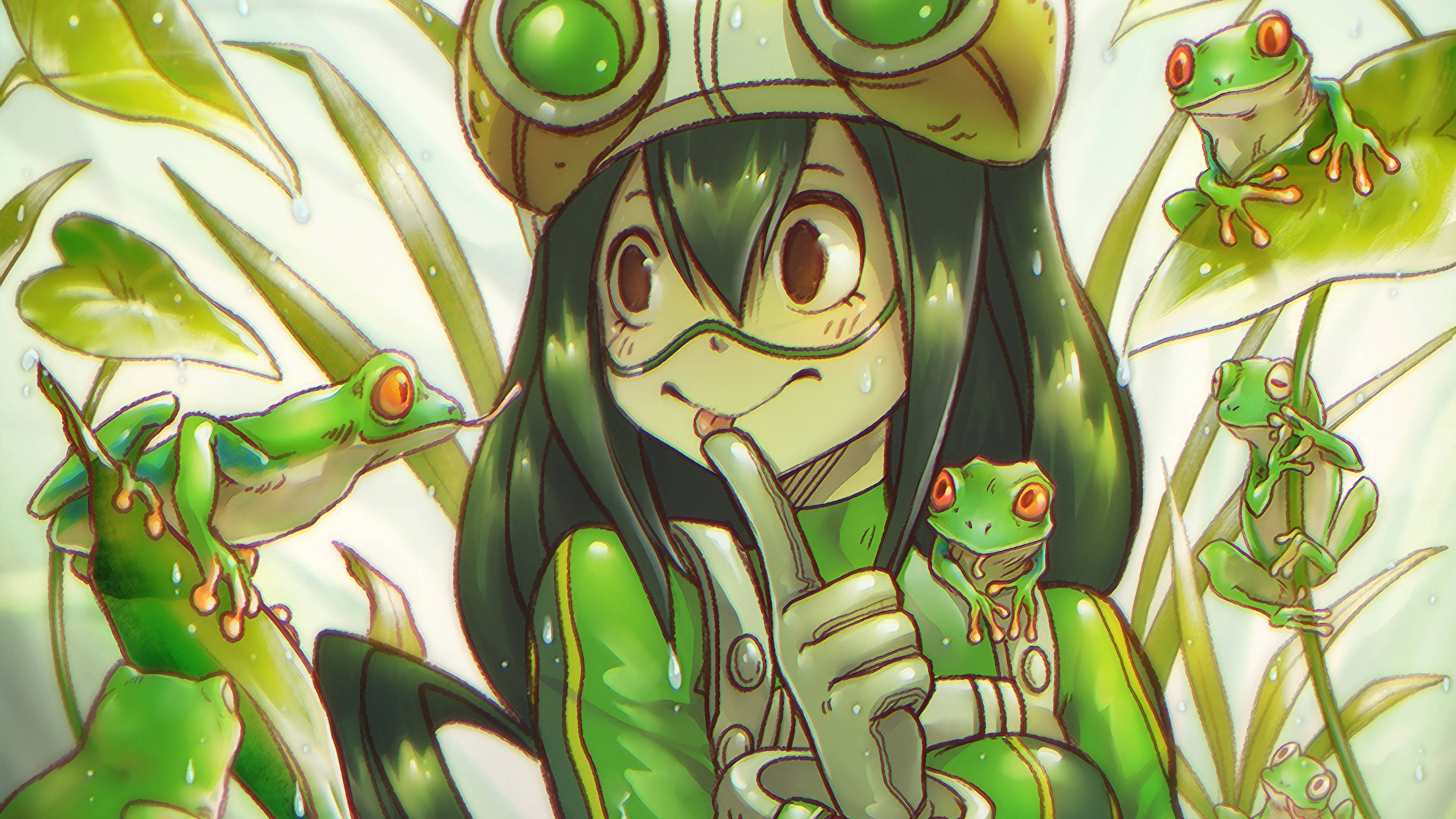 Froppy 桌布 壁紙 — 一個開心的動漫女孩穿著綠色裝備微笑，明亮的綠色樹蛙緊緊抓住她和周圍的葉子，在茂密的叢林環境中。