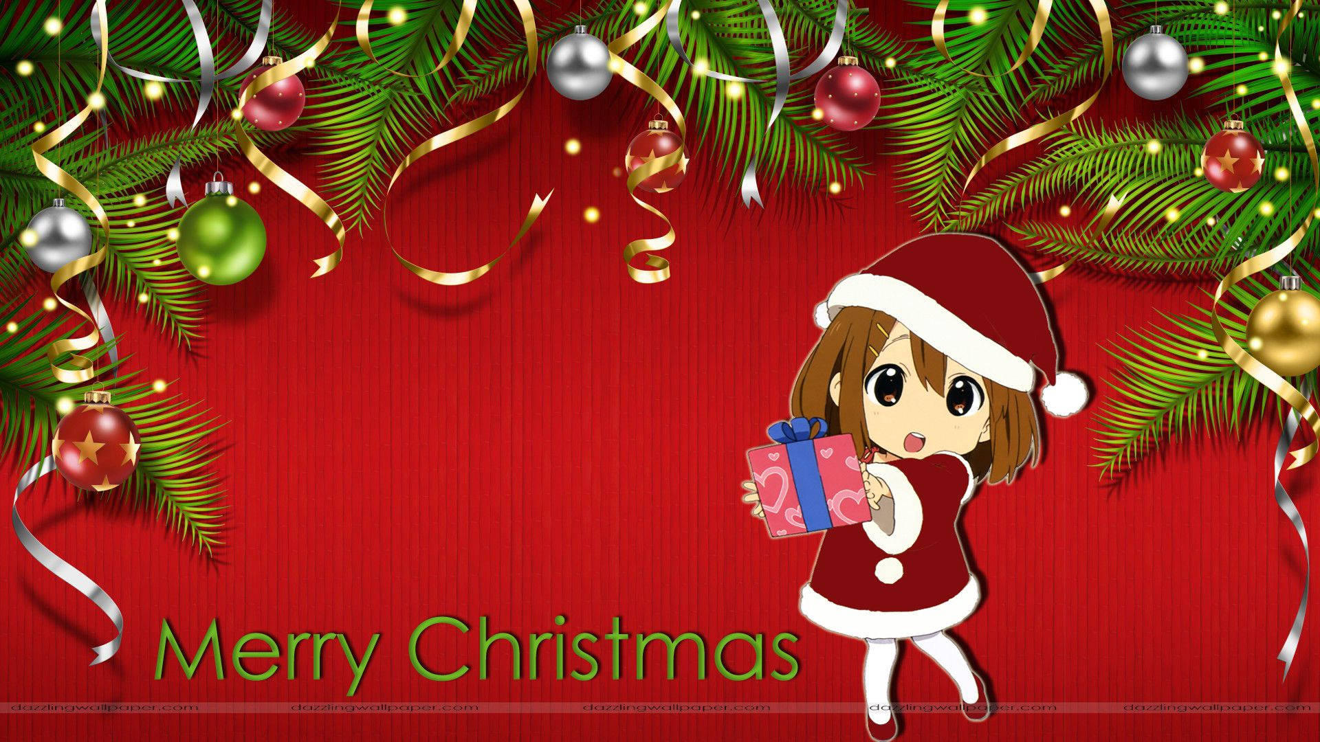 Kawaii Christmas 桌布 壁紙 — 一個開心的動漫女孩穿著聖誕老人服裝，在紅色背景前拿著禮物，背景由松樹枝、裝飾品和絲帶框著。