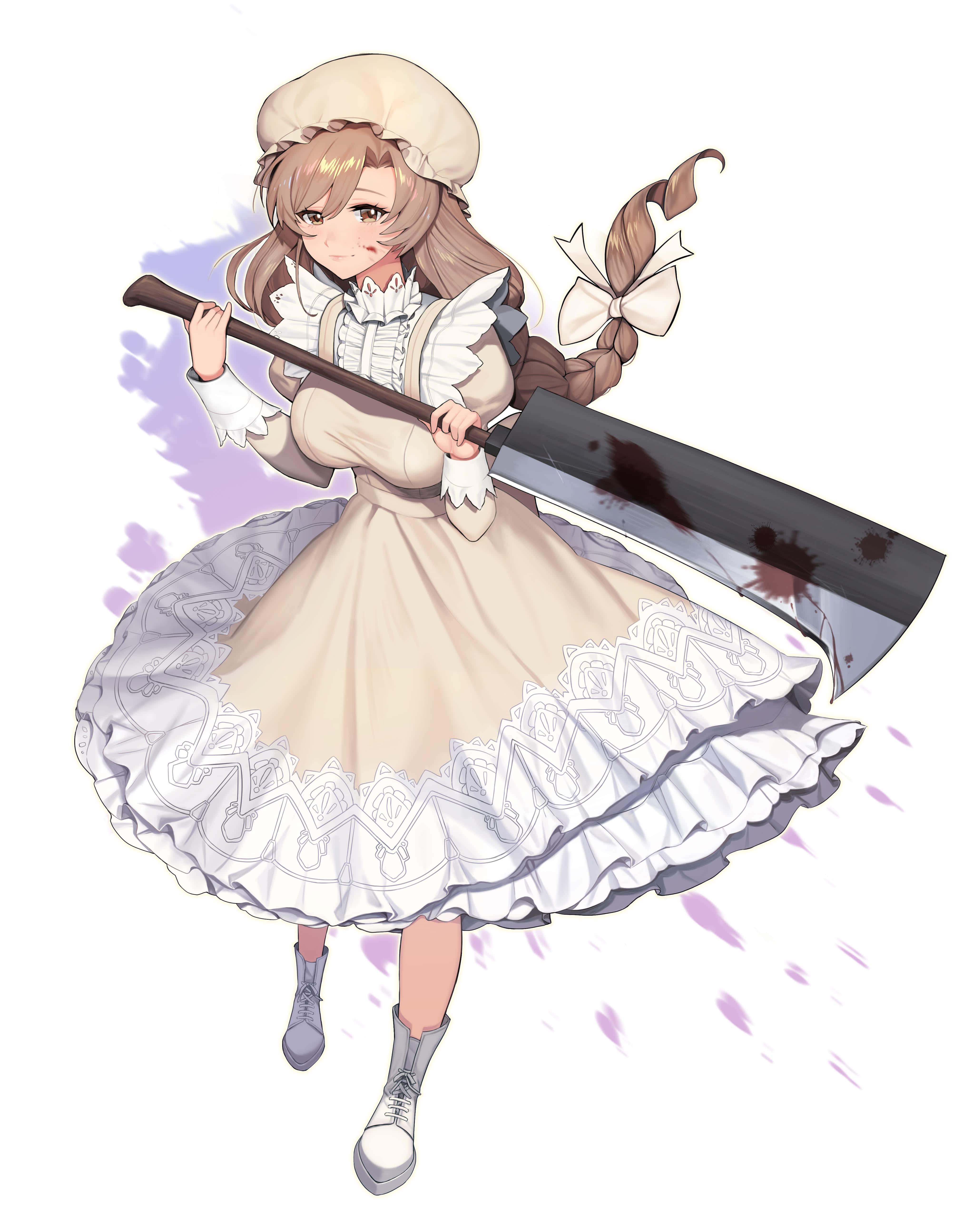 Cells At Work 桌布 壁紙 — 一個開心的動漫女孩穿著荷葉邊女僕裝，揮舞著一把沾滿鮮血的大砍刀，身後有紫色光環。