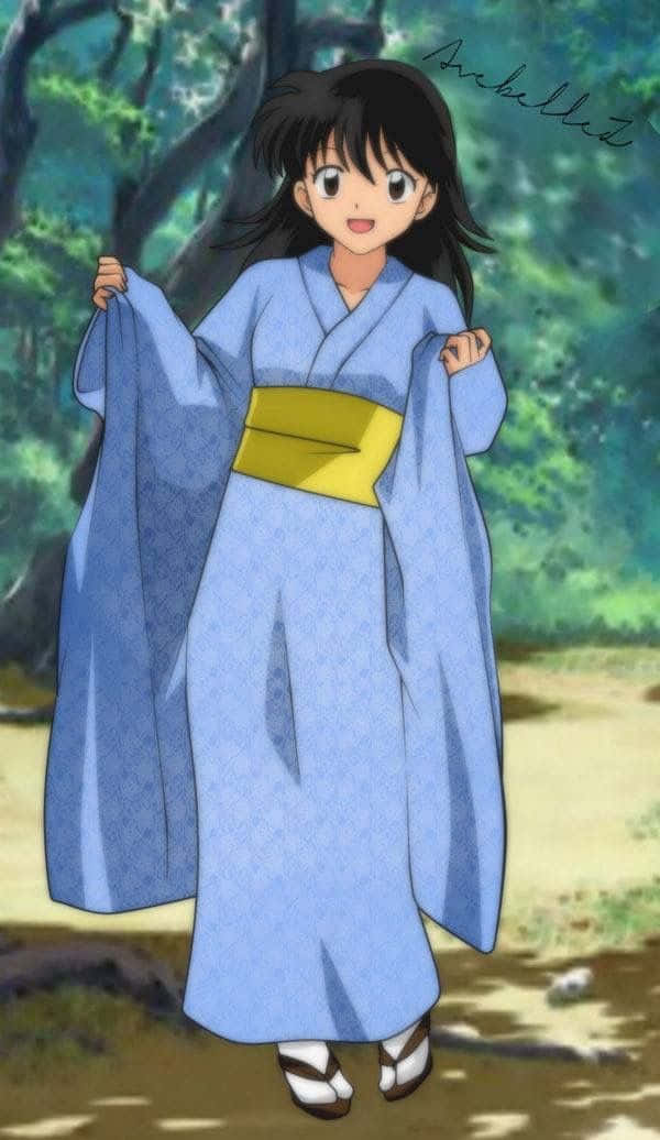 Inuyasha Rin 桌布 壁紙 — 一個開心的動漫女孩穿著藍色和服和黃色腰帶，站在陽光斑駁的森林空地中。