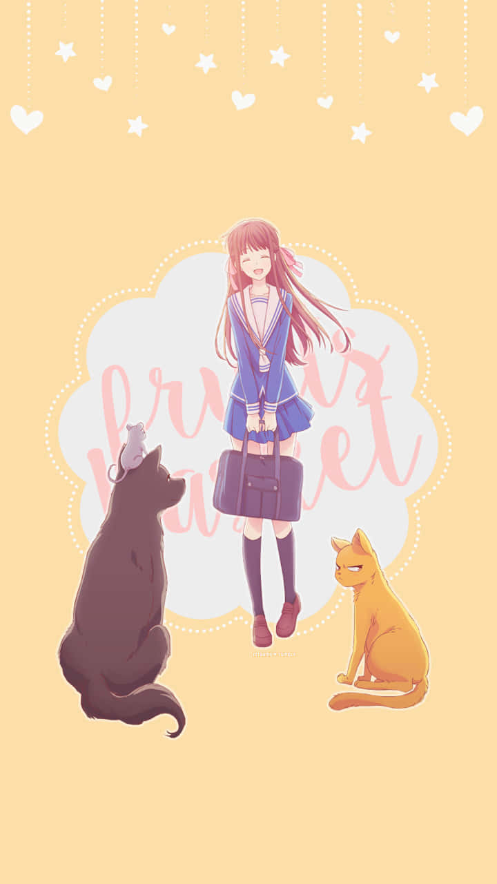 動漫 桌布 壁紙 — 一個開心的動漫女孩穿著藍色校服，微笑著拿著袋子，兩旁有一隻黑貓和一隻橘貓，背景是粉黃色的天空，飄浮著愛心和星星。