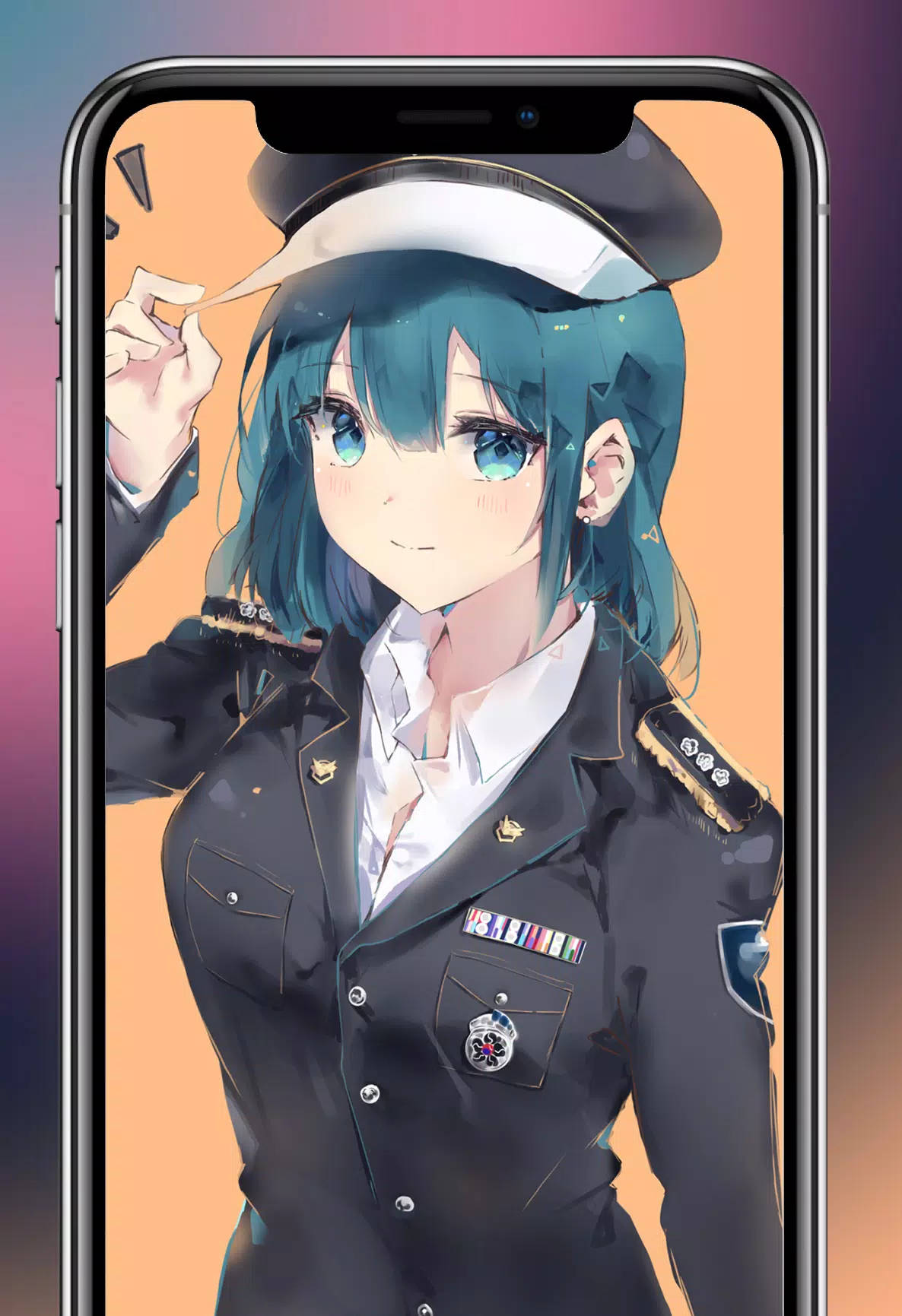 Waifu 桌布 壁紙 — 一個開心的動漫女孩穿著詳細的海軍制服，在智慧型手機螢幕上微笑著調整她的帽子。
