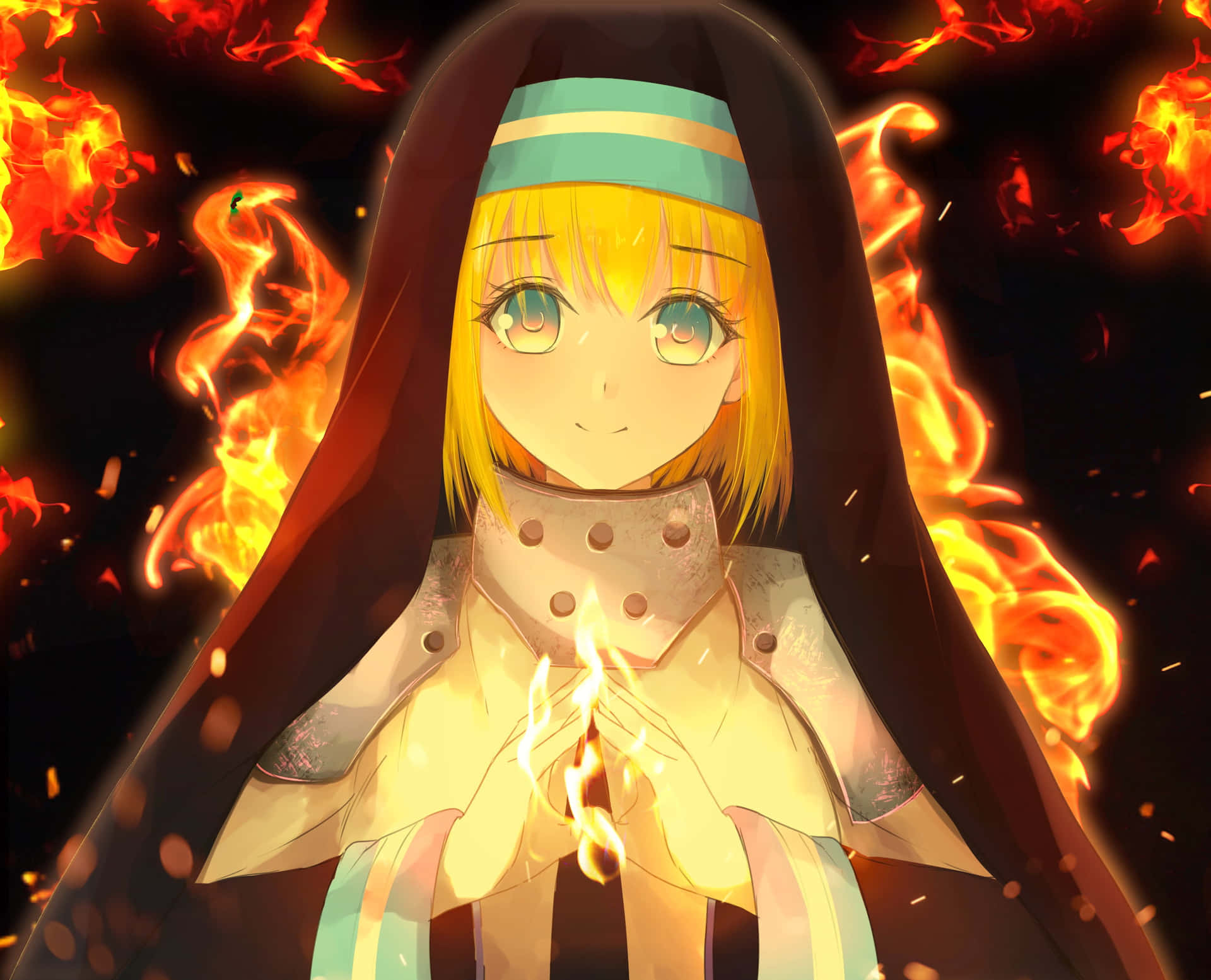 動漫女孩穿著連帽長袍，手持火焰，被火焰包圍。 — Fire Emblem Warriors 壁紙
