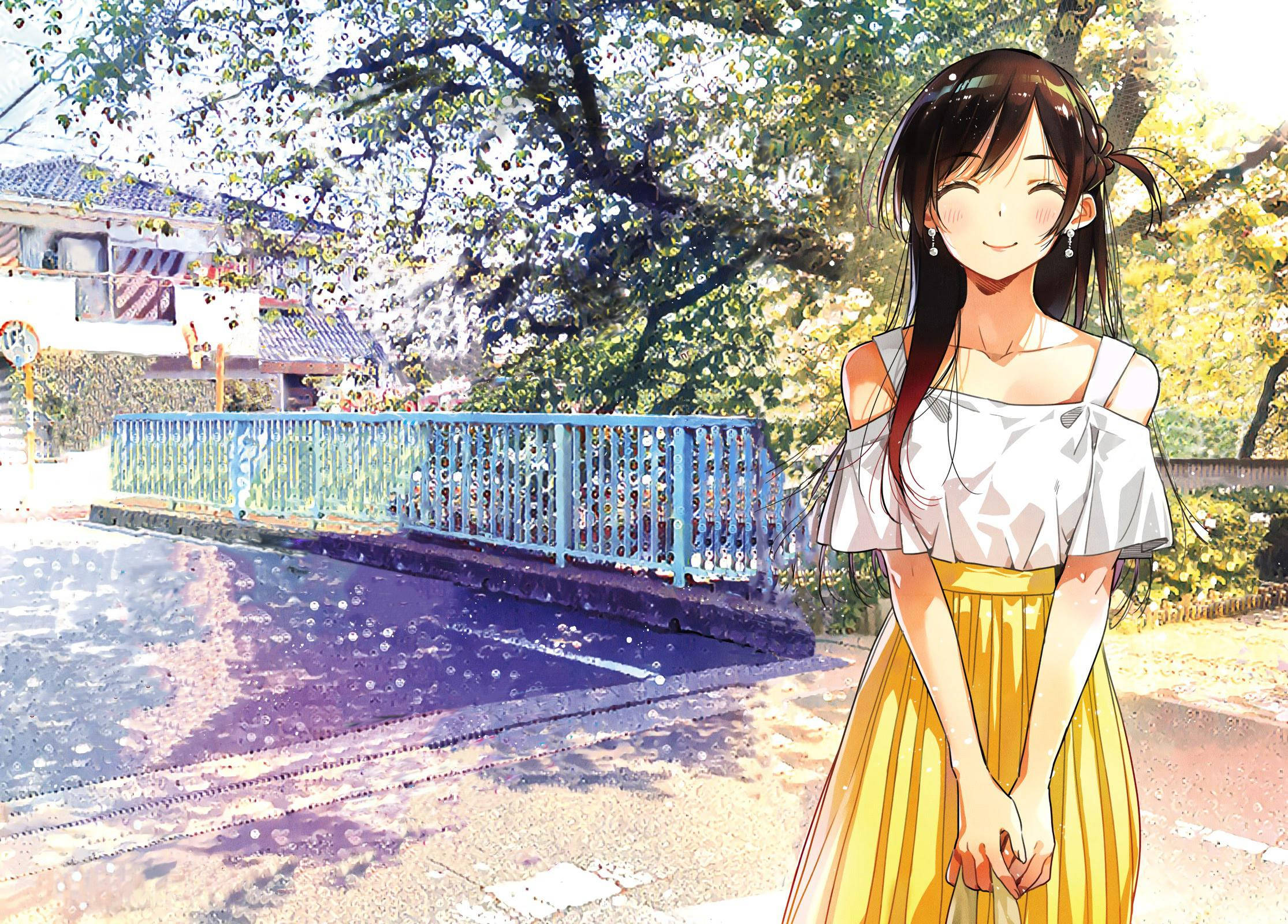 Girlfriend 桌布 壁紙 — 一個開心的動漫女孩穿著黃色裙子，在陽光明媚的日子裡站在櫻花樹下，旁邊是一座藍色的橋。